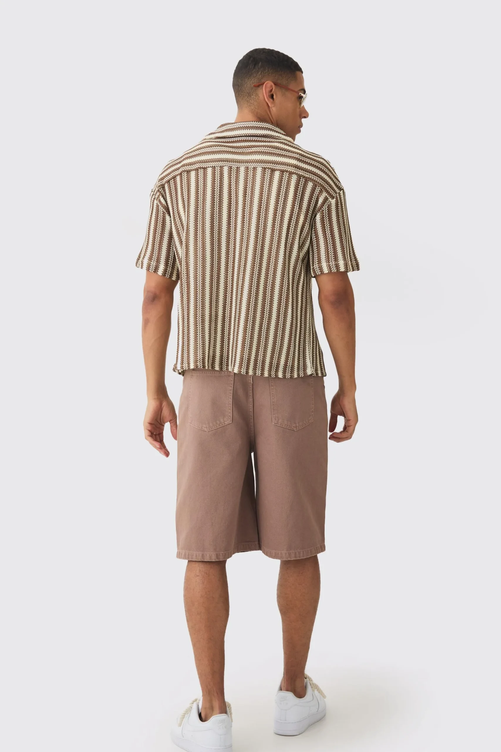 Boxy Fit Revere Open Weave Stripe Shirt | BoohooMAN UK