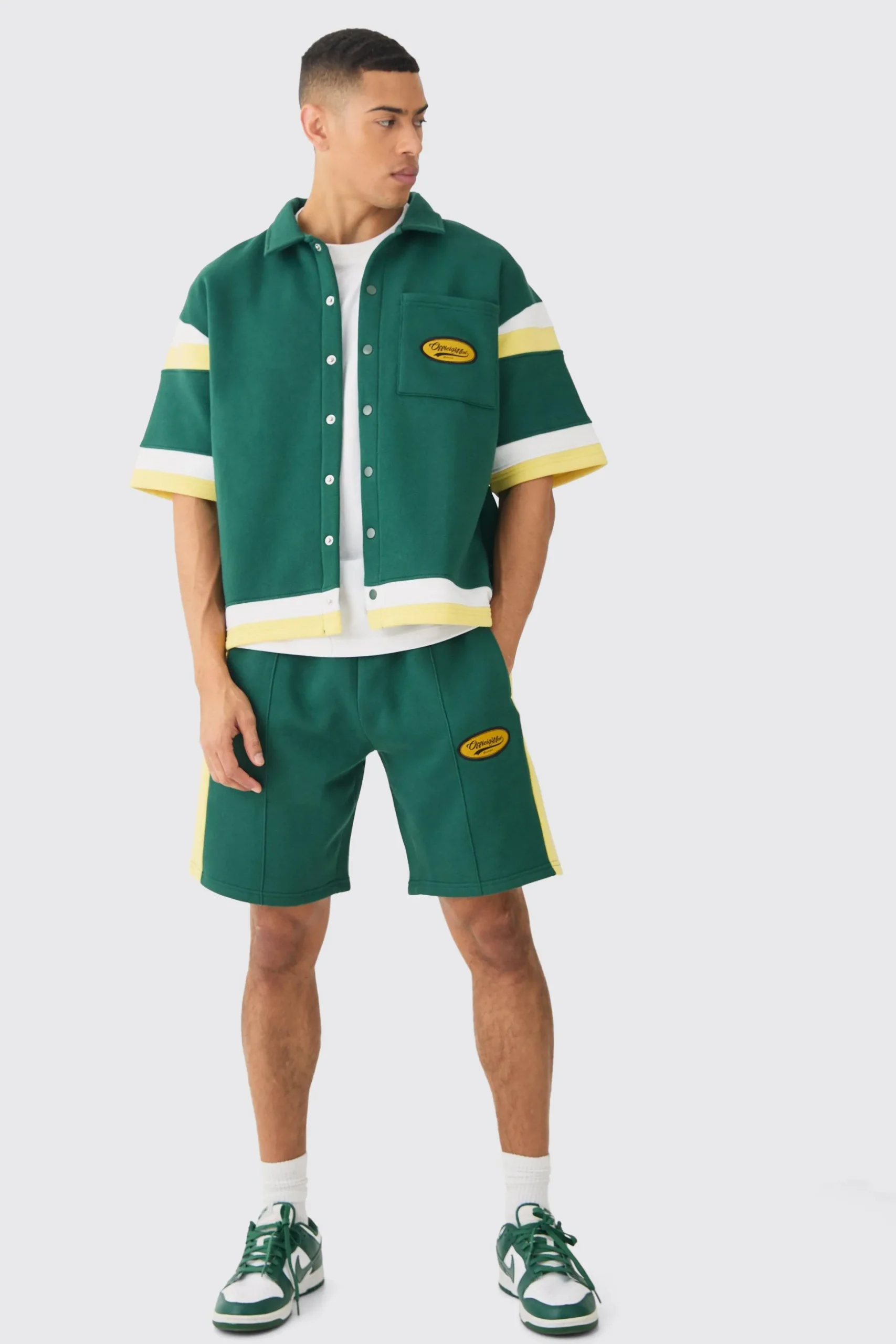 Boxy Fit Varsity Shirt Short Tracksuit | BoohooMAN UK
