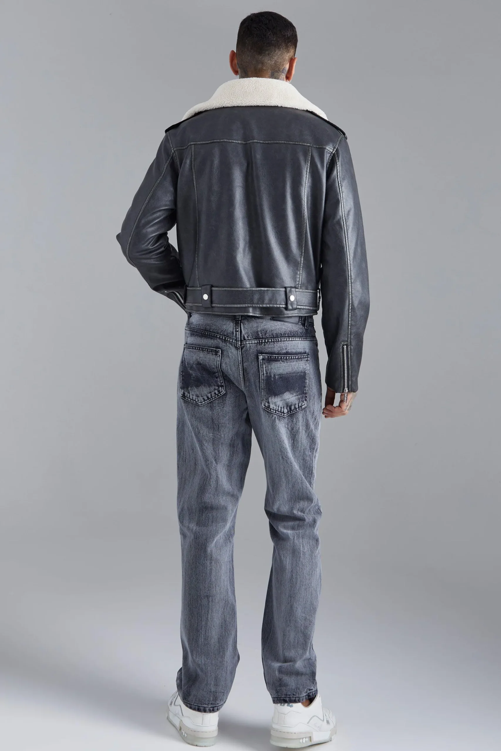 Boxy Fit Washed Pu Biker With Borg Collar | BoohooMAN UK
