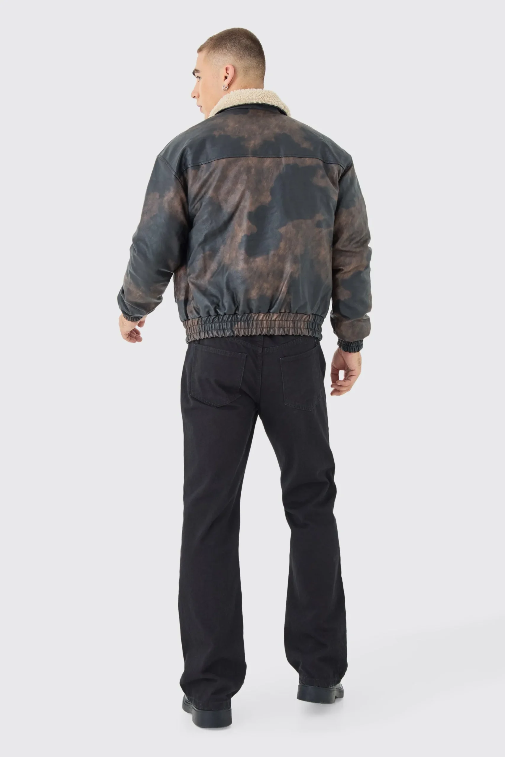 Boxy Fit Washed PU Borg Collar Bomber Jacket In Brown | BoohooMAN UK