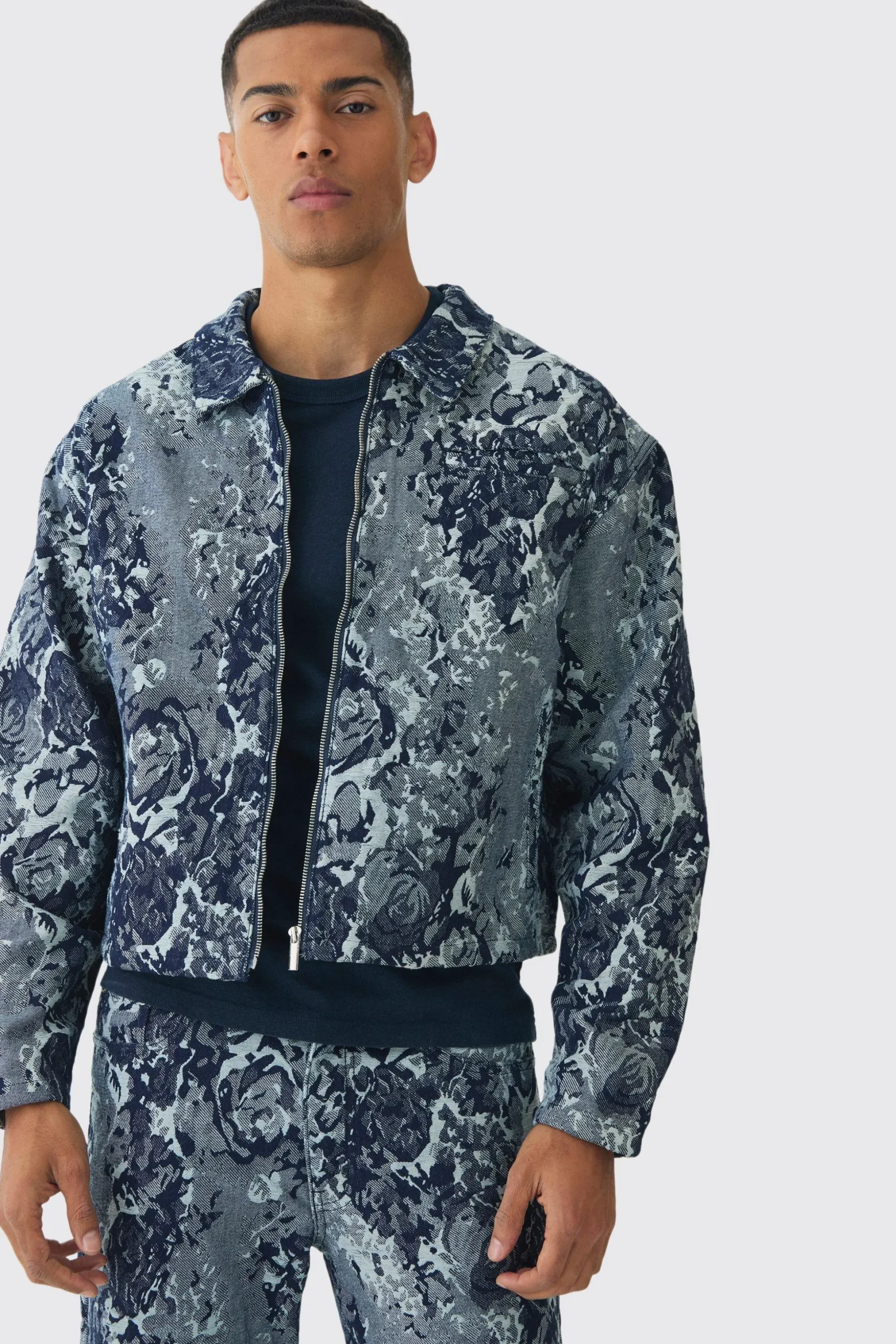 Boxy Floral Jacquard Denim Jacket | BoohooMAN UK