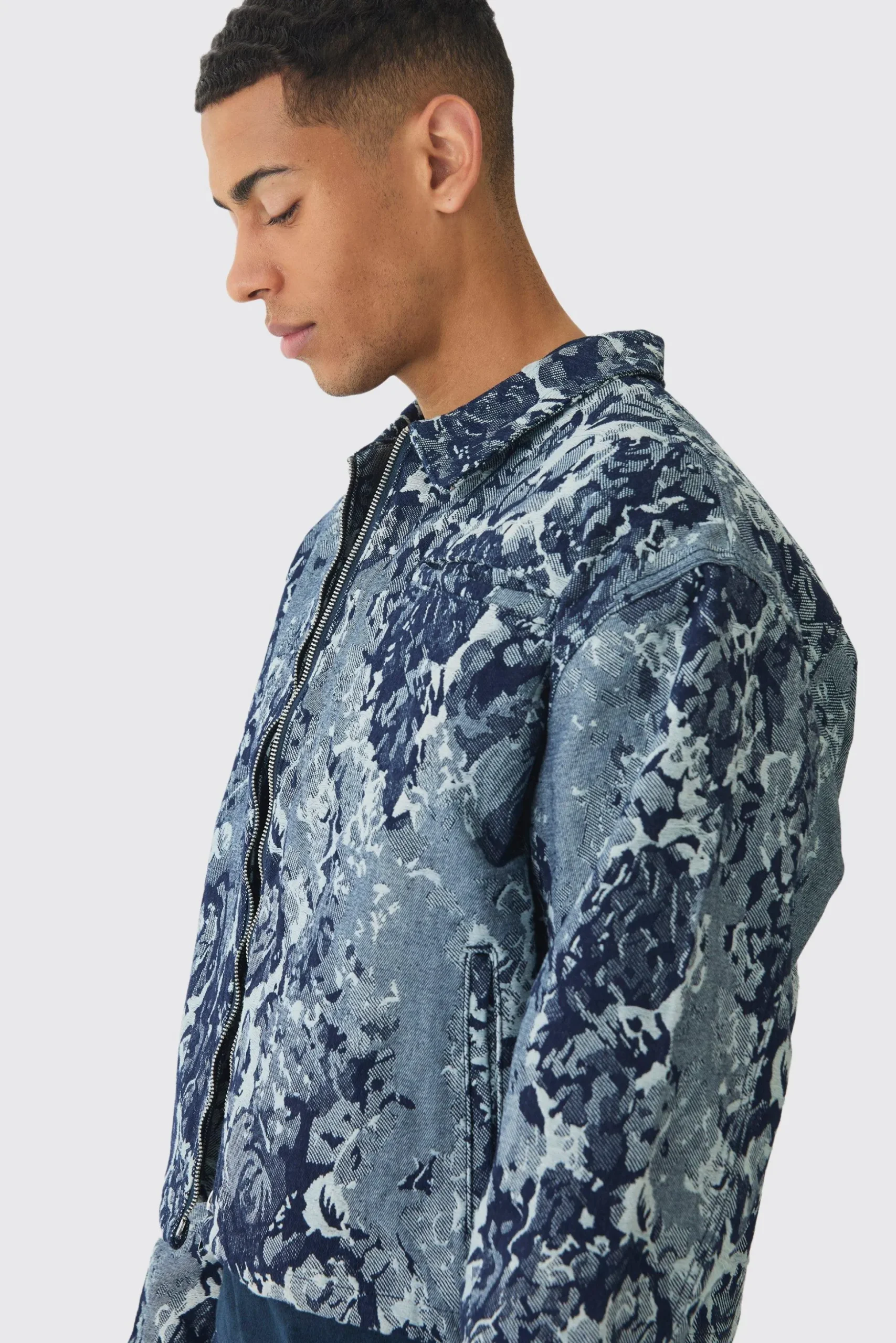 Boxy Floral Jacquard Denim Jacket | BoohooMAN UK
