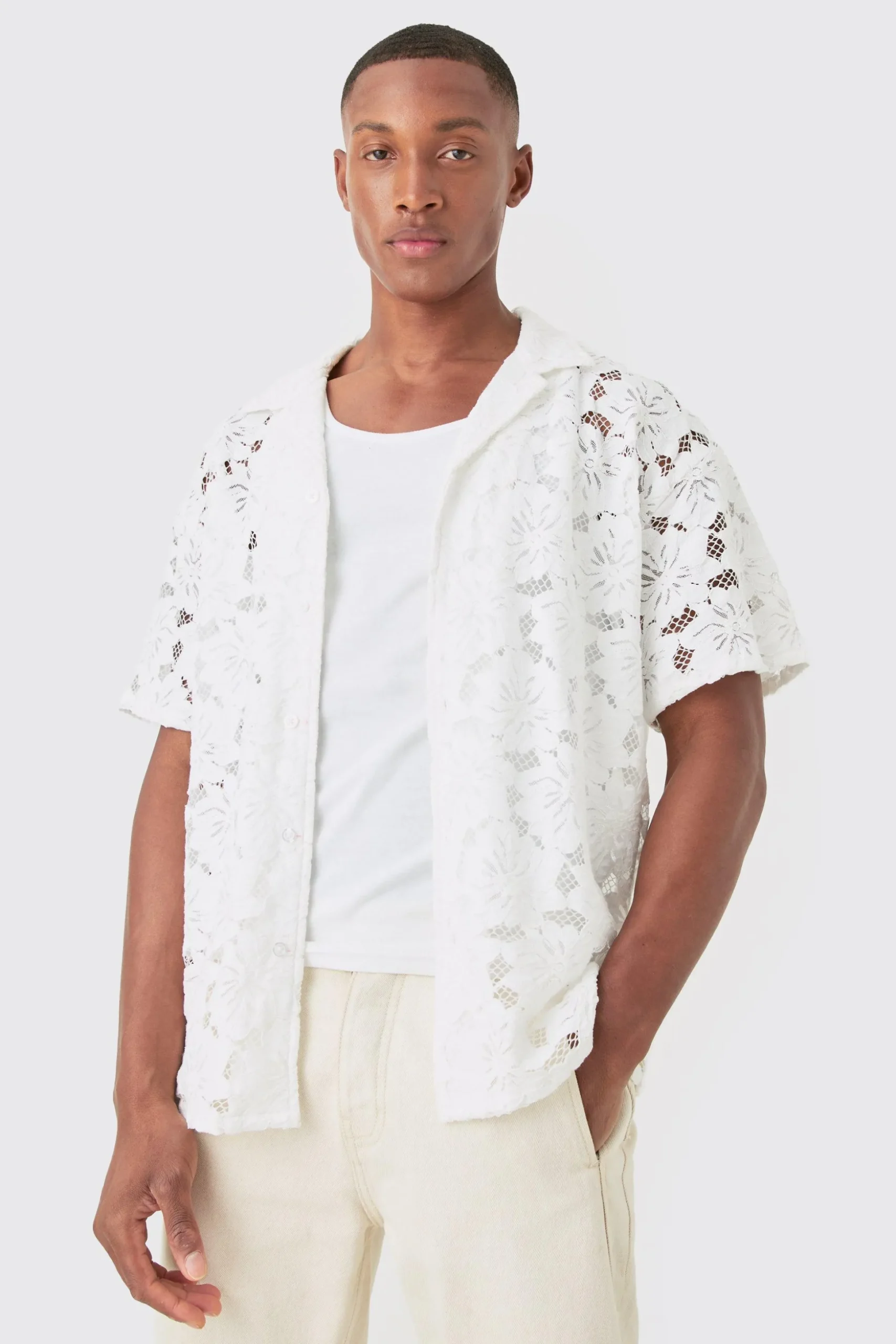 Boxy Floral Lace Shirt | BoohooMAN UK
