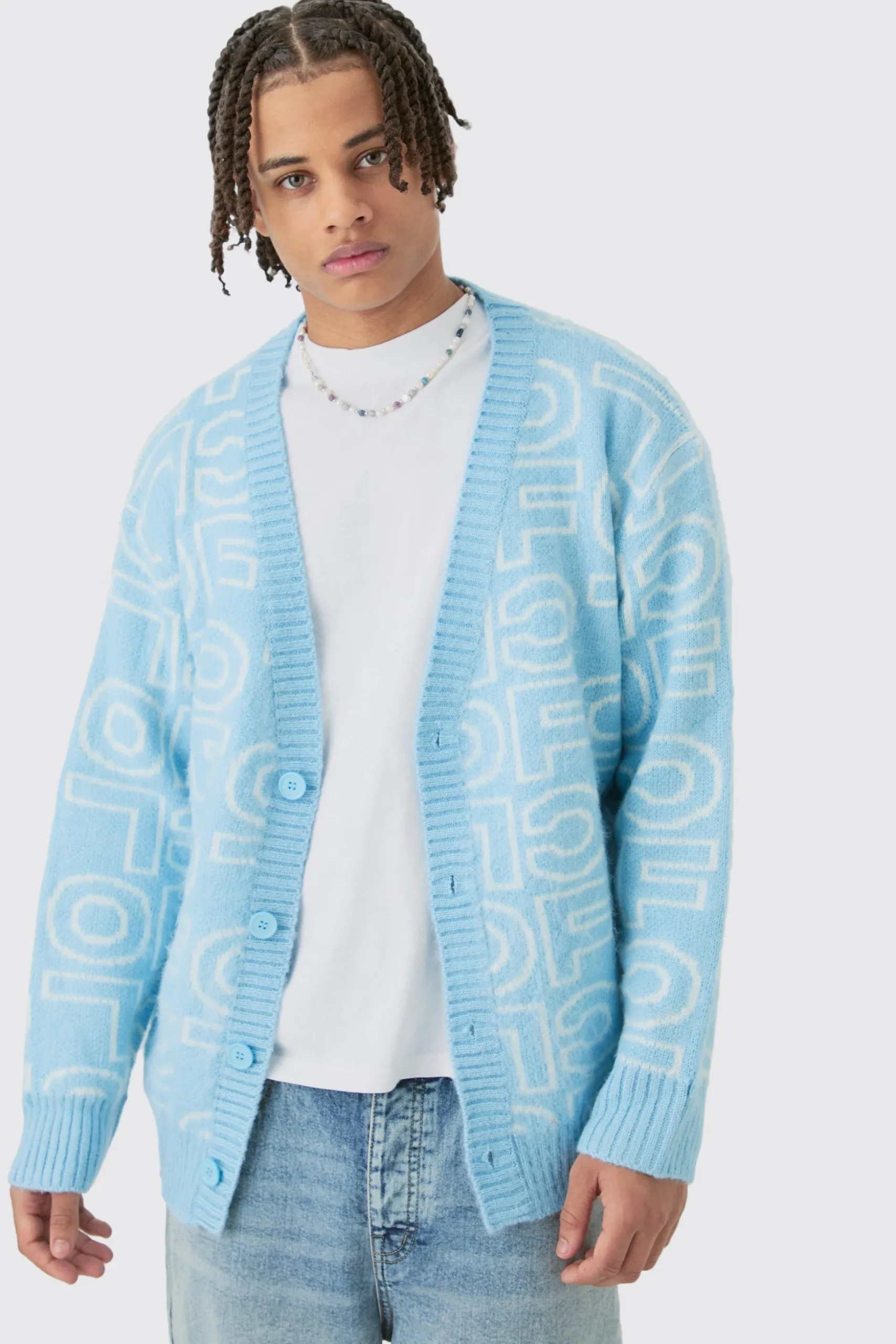 Boxy Fluffy Branded Knitted Cardigan In Blue | BoohooMAN UK