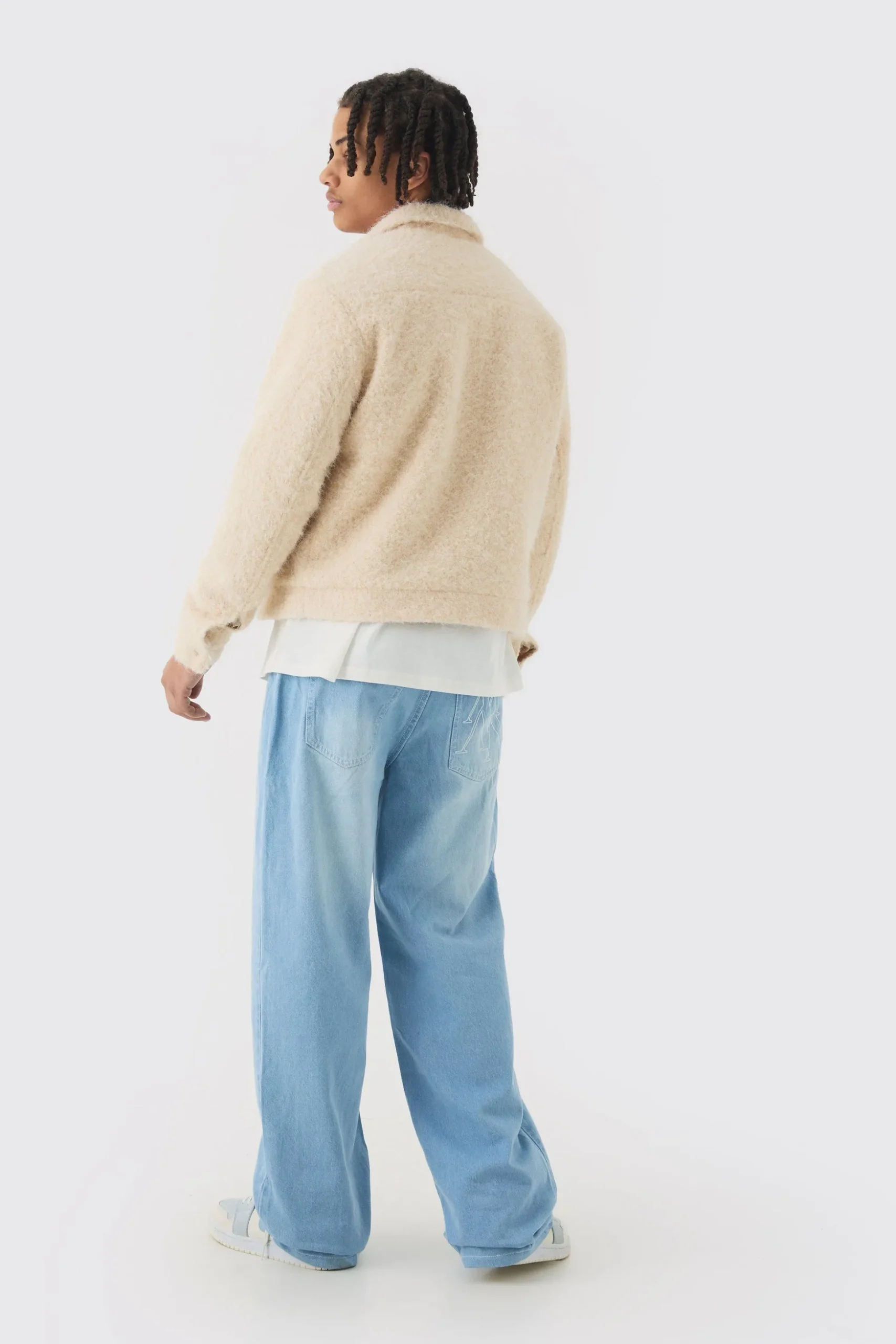 Boxy Fluffy Texture Harrington In Ecru | BoohooMAN UK