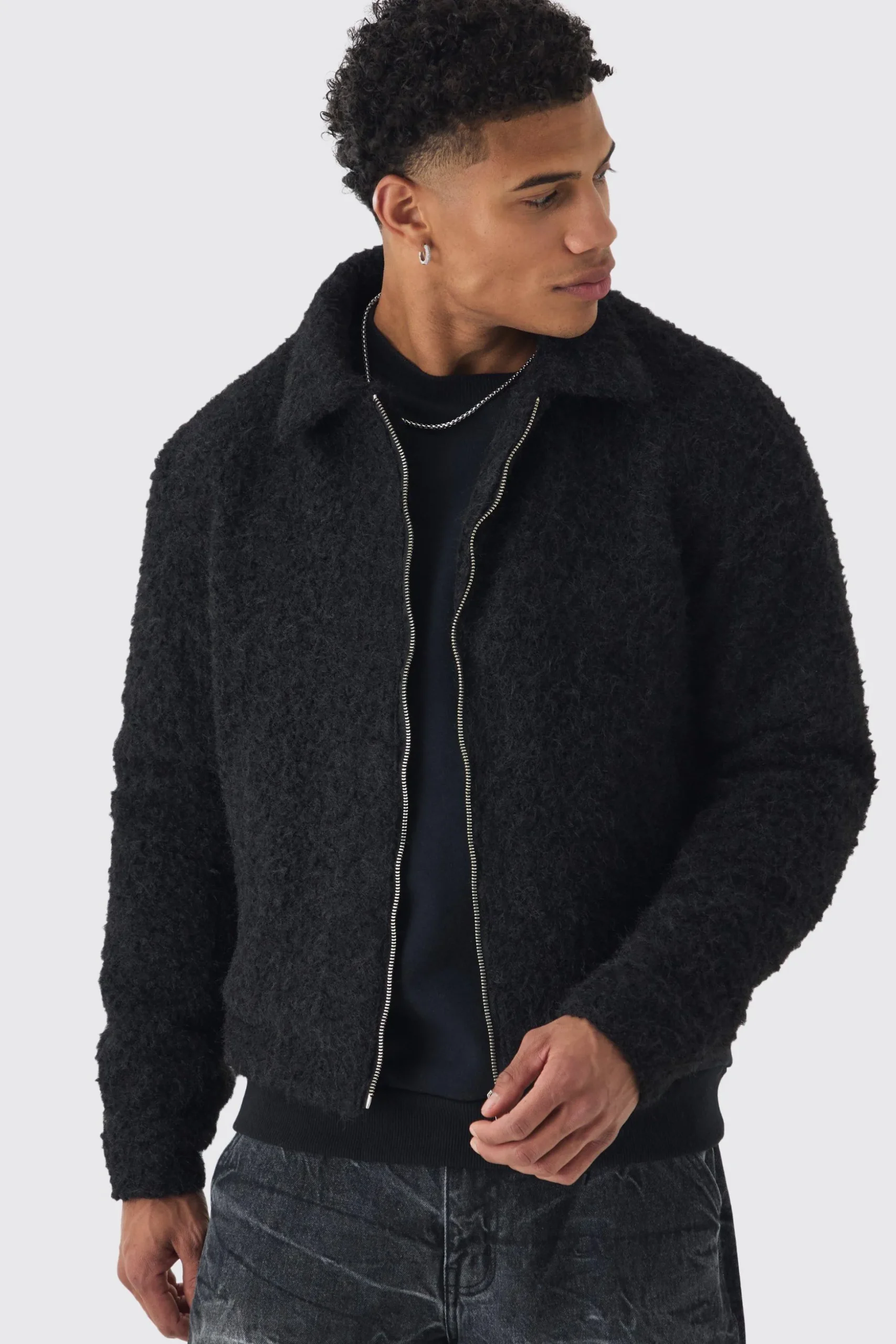 Boxy Fluffy Texture Harrington In Black | BoohooMAN UK