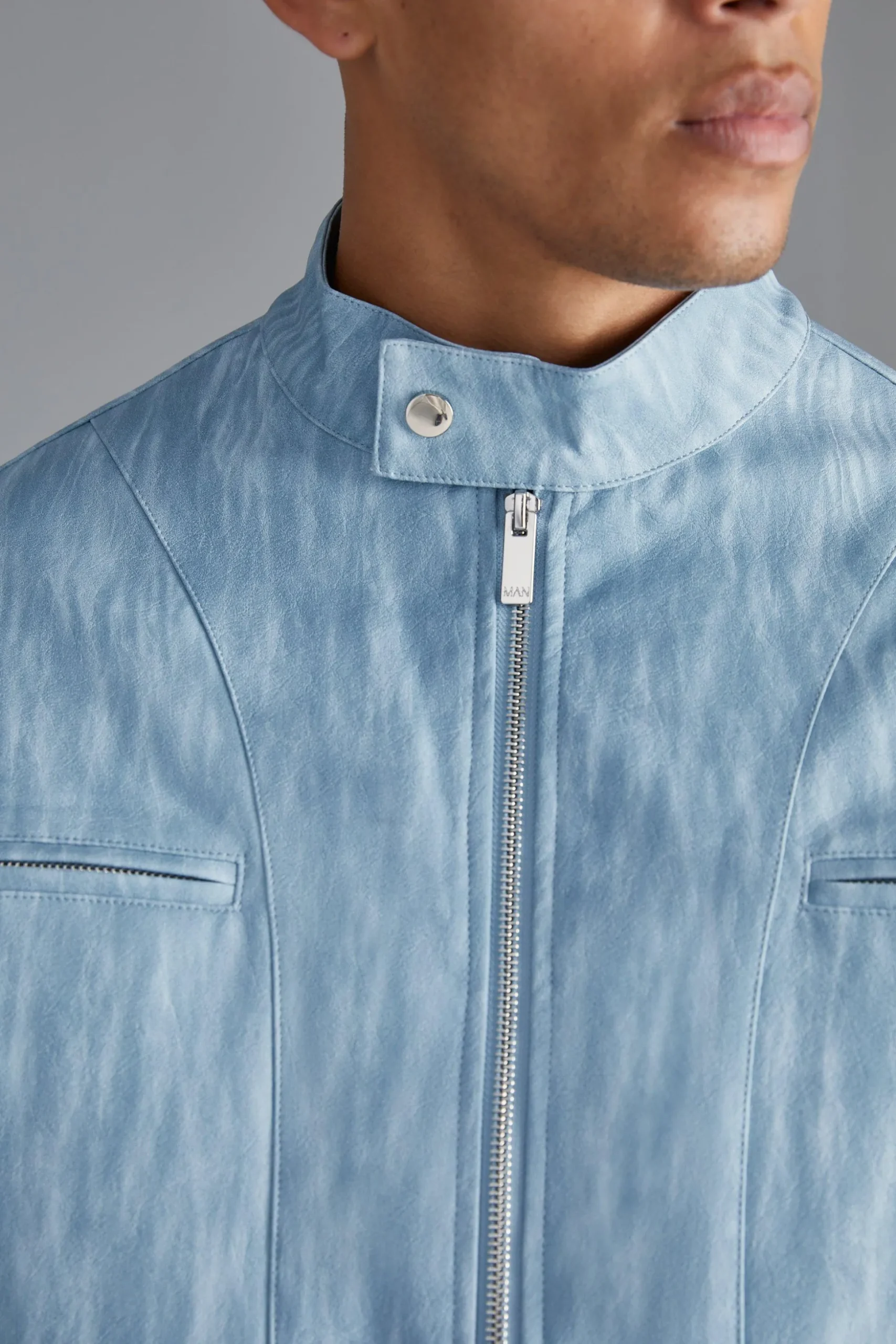 Boxy Funnel Neck Biker Jacket | BoohooMAN UK