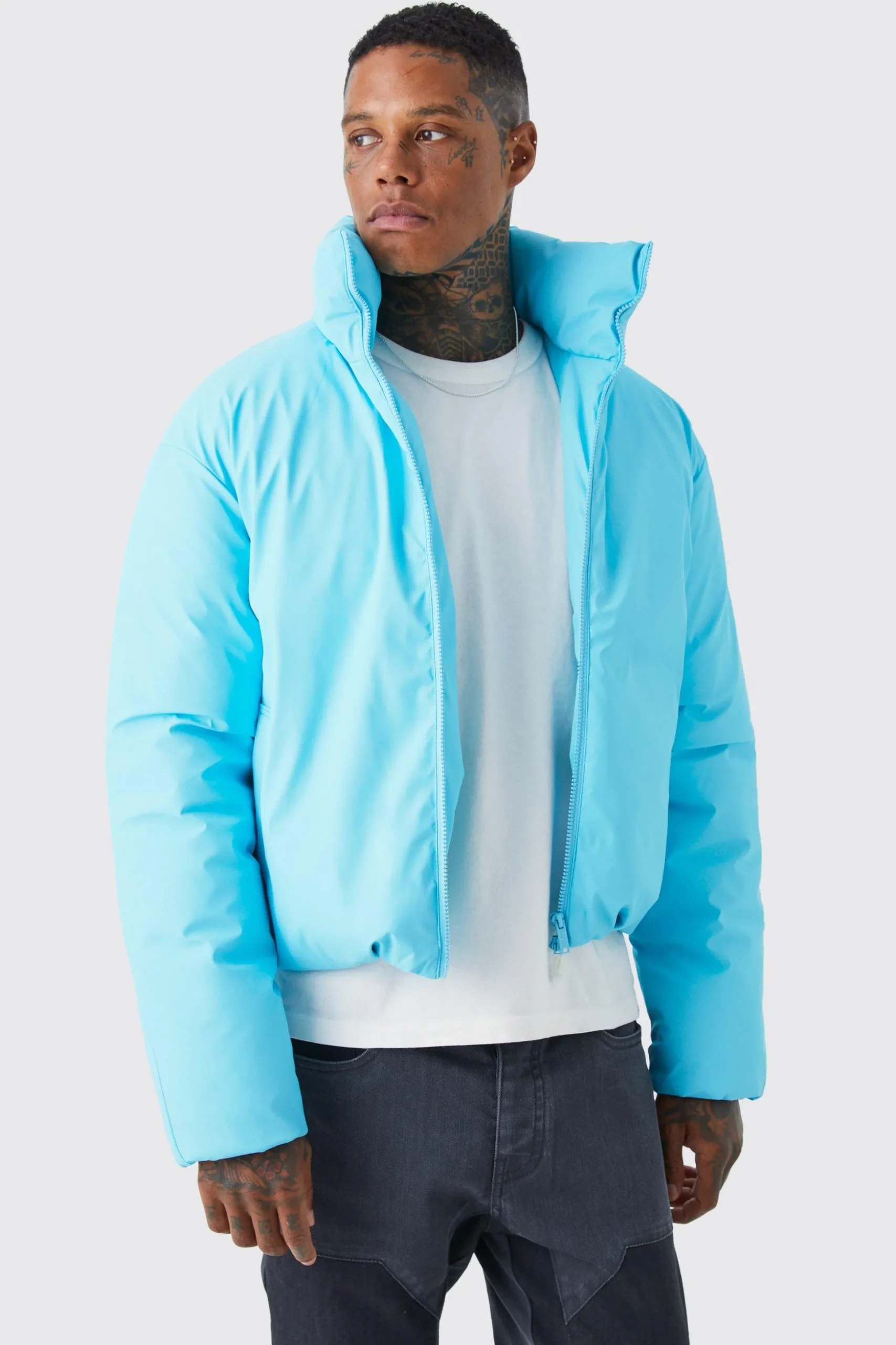 Boxy Funnel Neck Coated Puffer | BoohooMAN UK