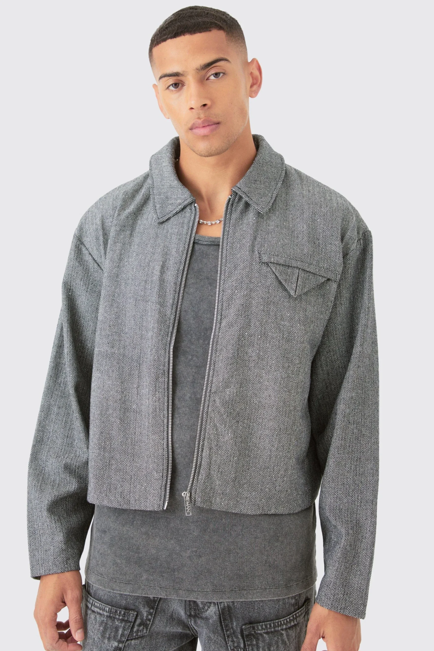 Boxy Herringbone Collared Jacket | BoohooMAN UK
