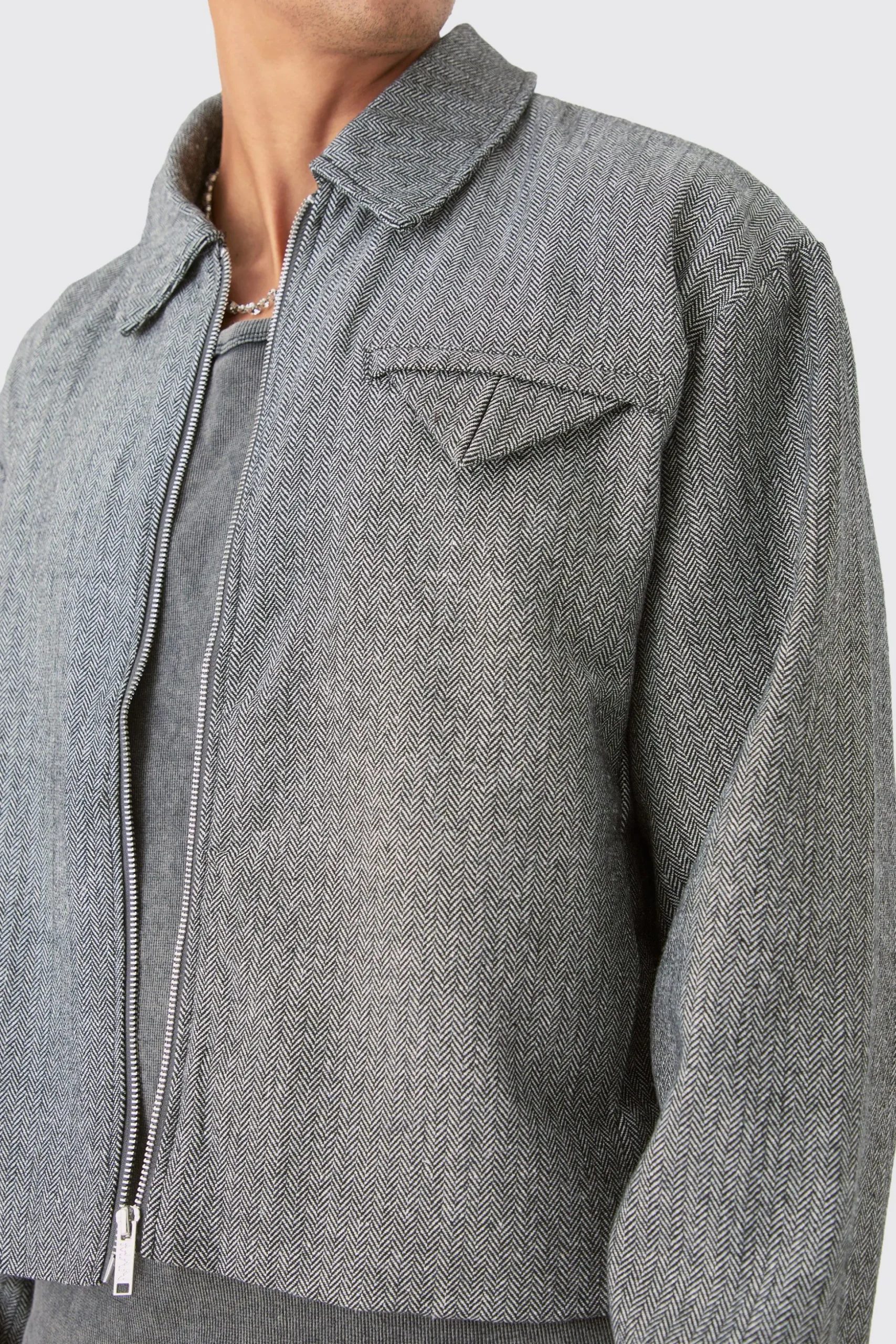Boxy Herringbone Collared Jacket | BoohooMAN UK