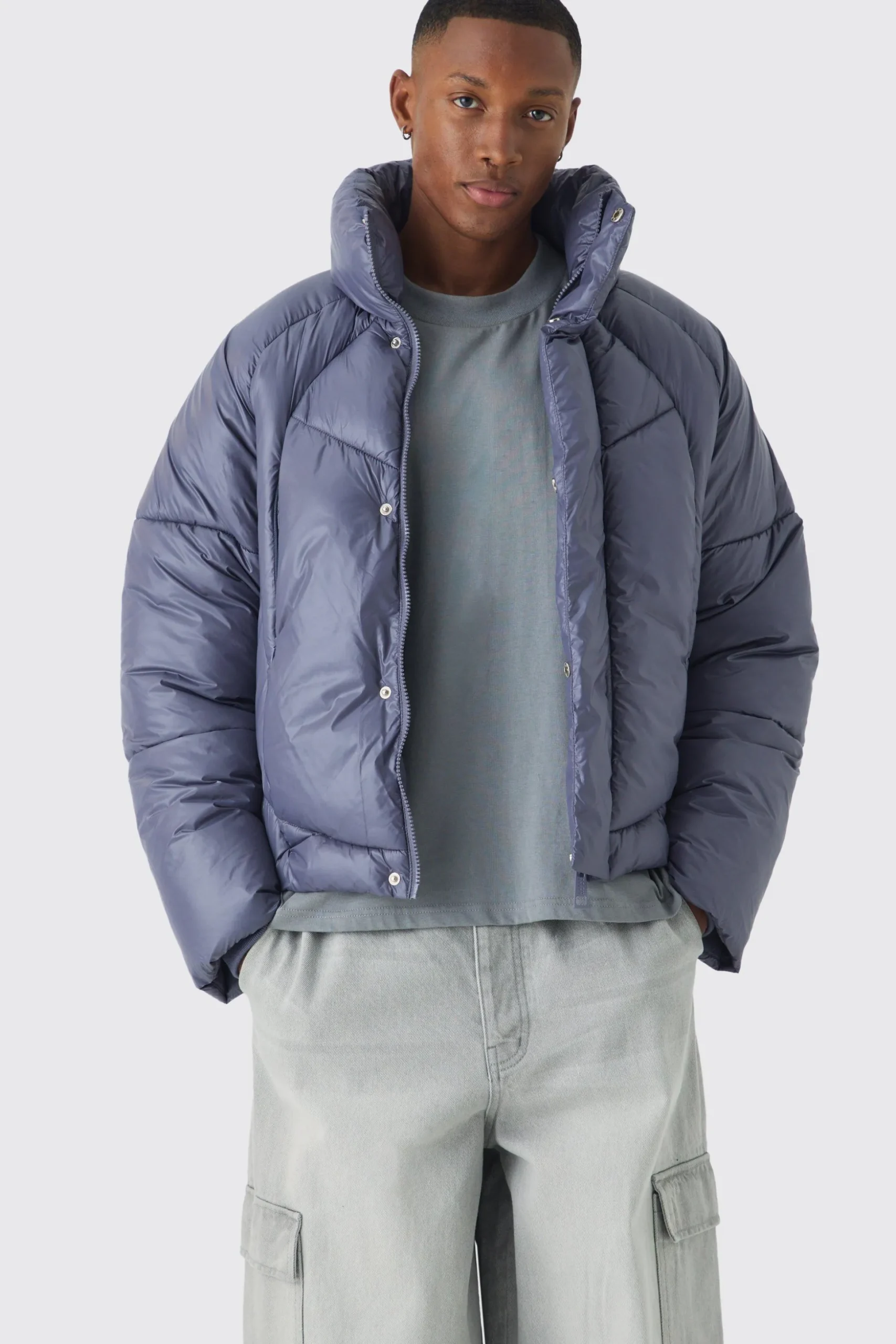 Boxy High Shine Nylon Abstract Quilted Funnel Neck Puffer In Slate | BoohooMAN UK