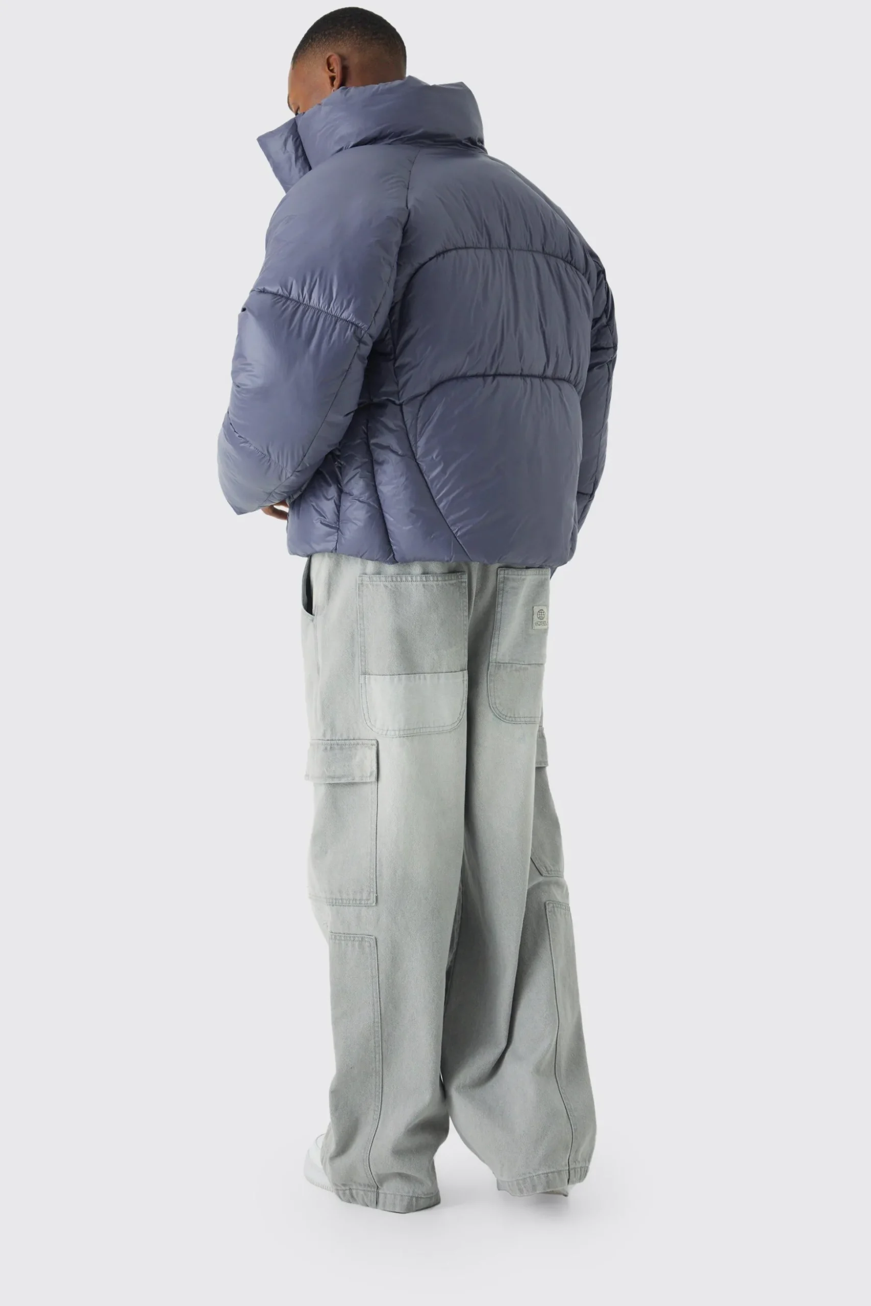 Boxy High Shine Nylon Abstract Quilted Funnel Neck Puffer In Slate | BoohooMAN UK