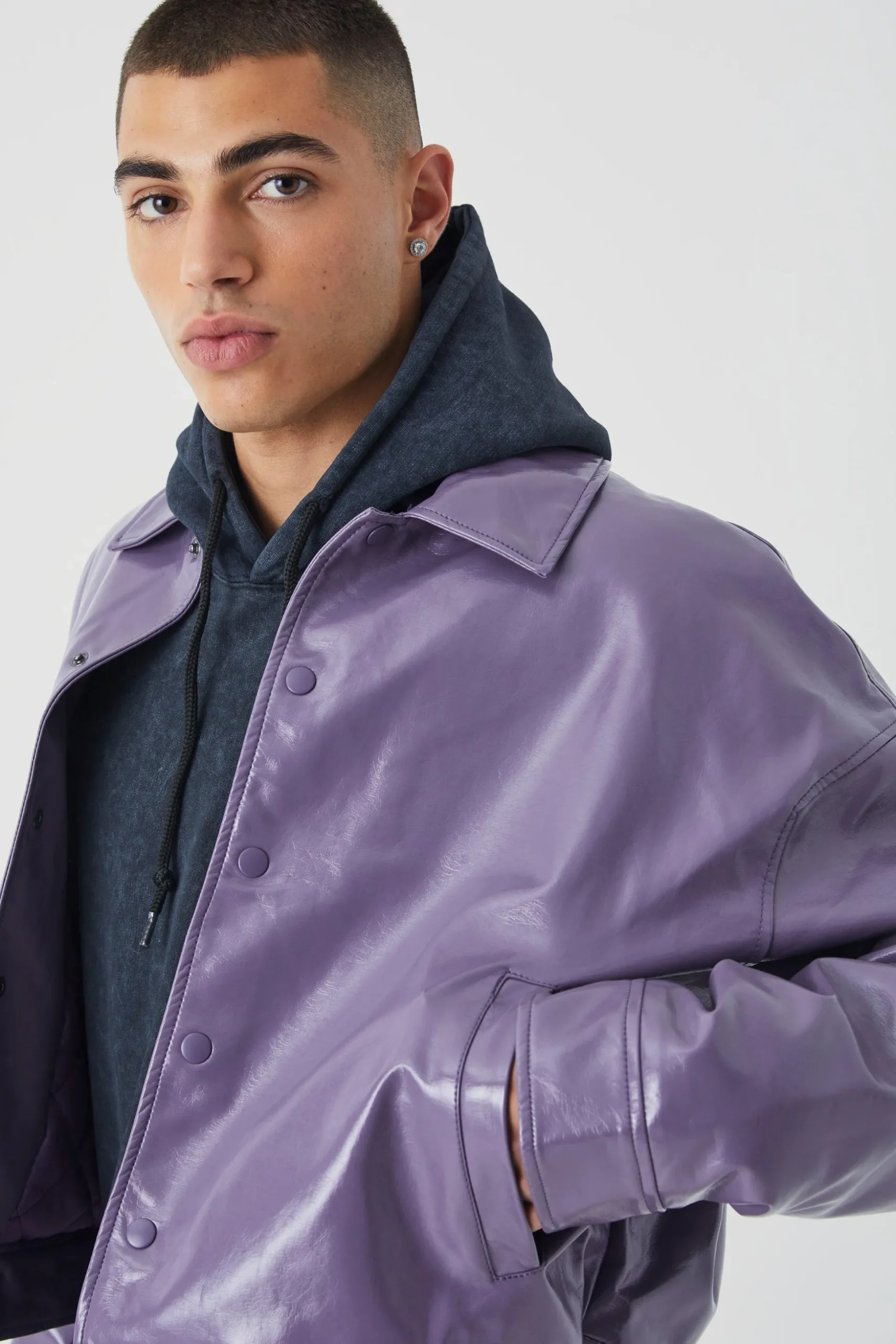 Boxy High Shine Pu Harrington | BoohooMAN UK