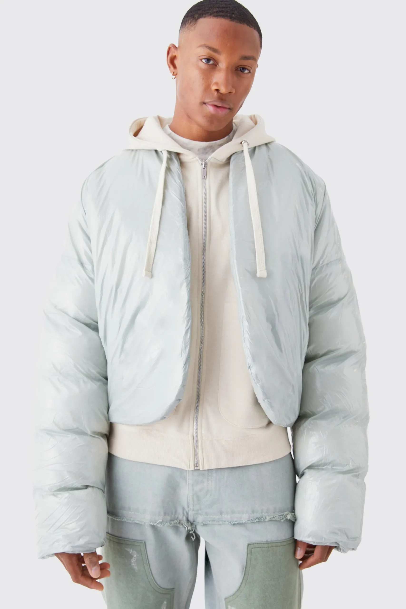 Boxy High Shine Volume Padded Puffer Bomber | BoohooMAN UK