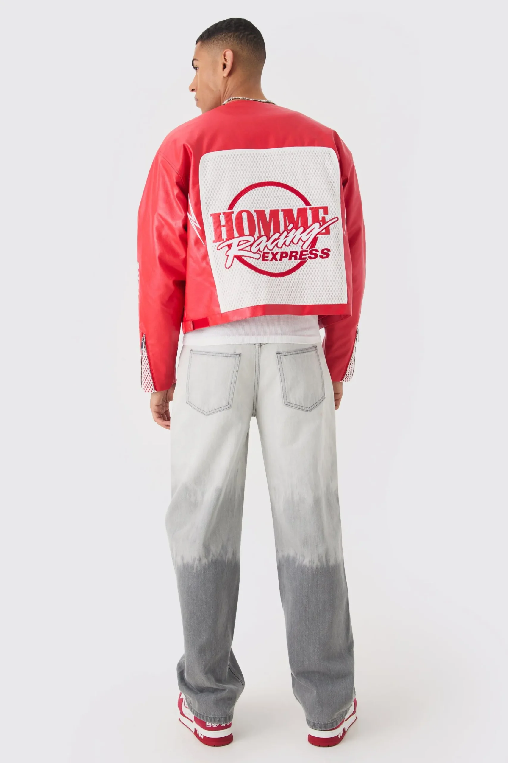 Boxy Homme Crochet Collarless PU Moto Jacket In Red | BoohooMAN UK