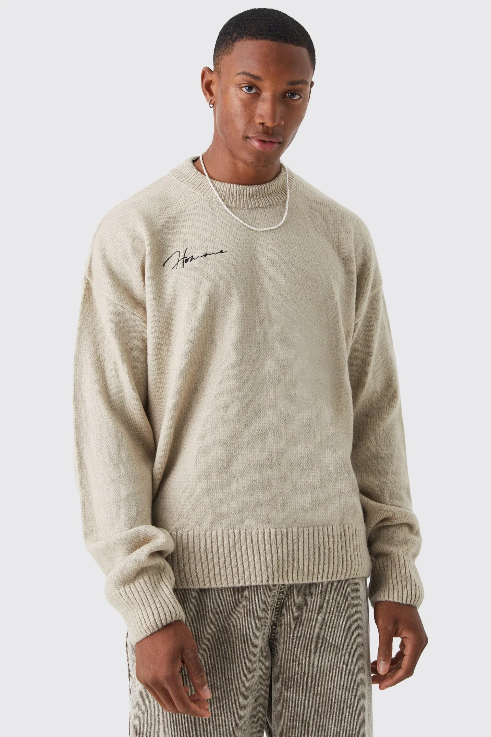 Boxy Homme Extended Neck Brushed Rib Knit Jumper | BoohooMAN UK