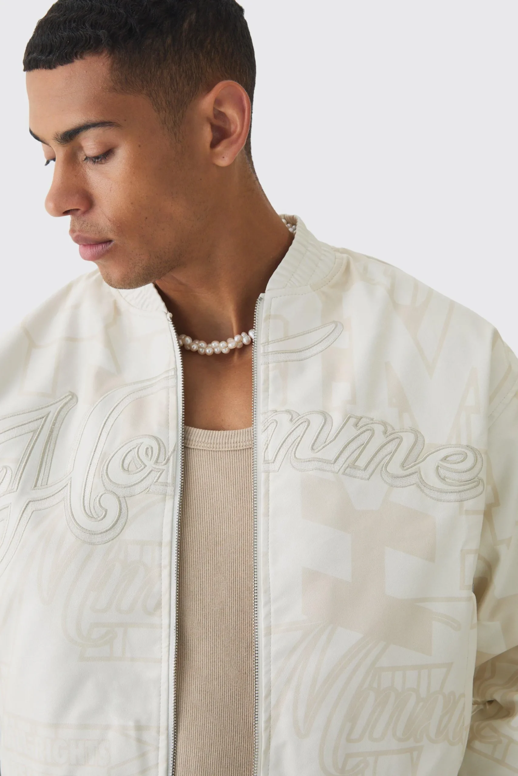 Boxy Homme Printed Bomber Jacket In White | BoohooMAN UK