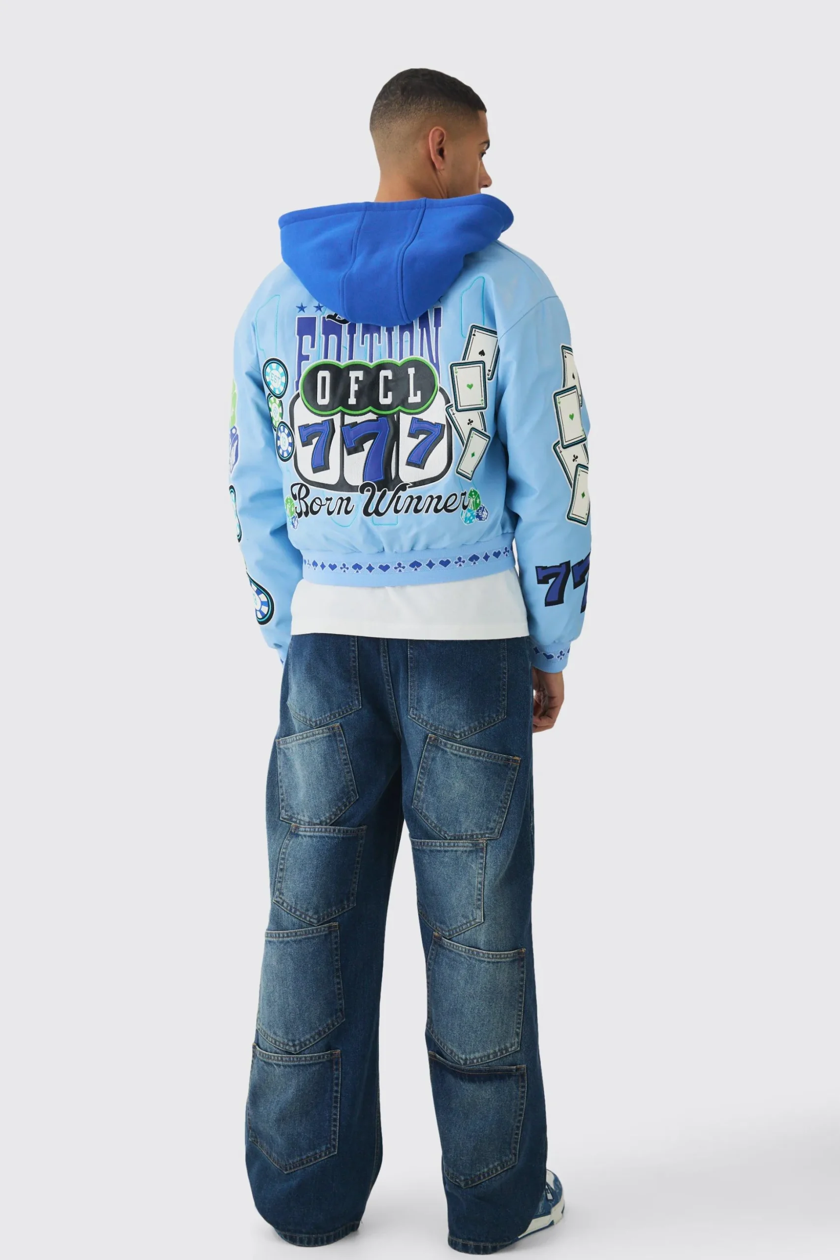 Boxy Hooded Casino Badge Bomber Jacket In Blue | BoohooMAN UK