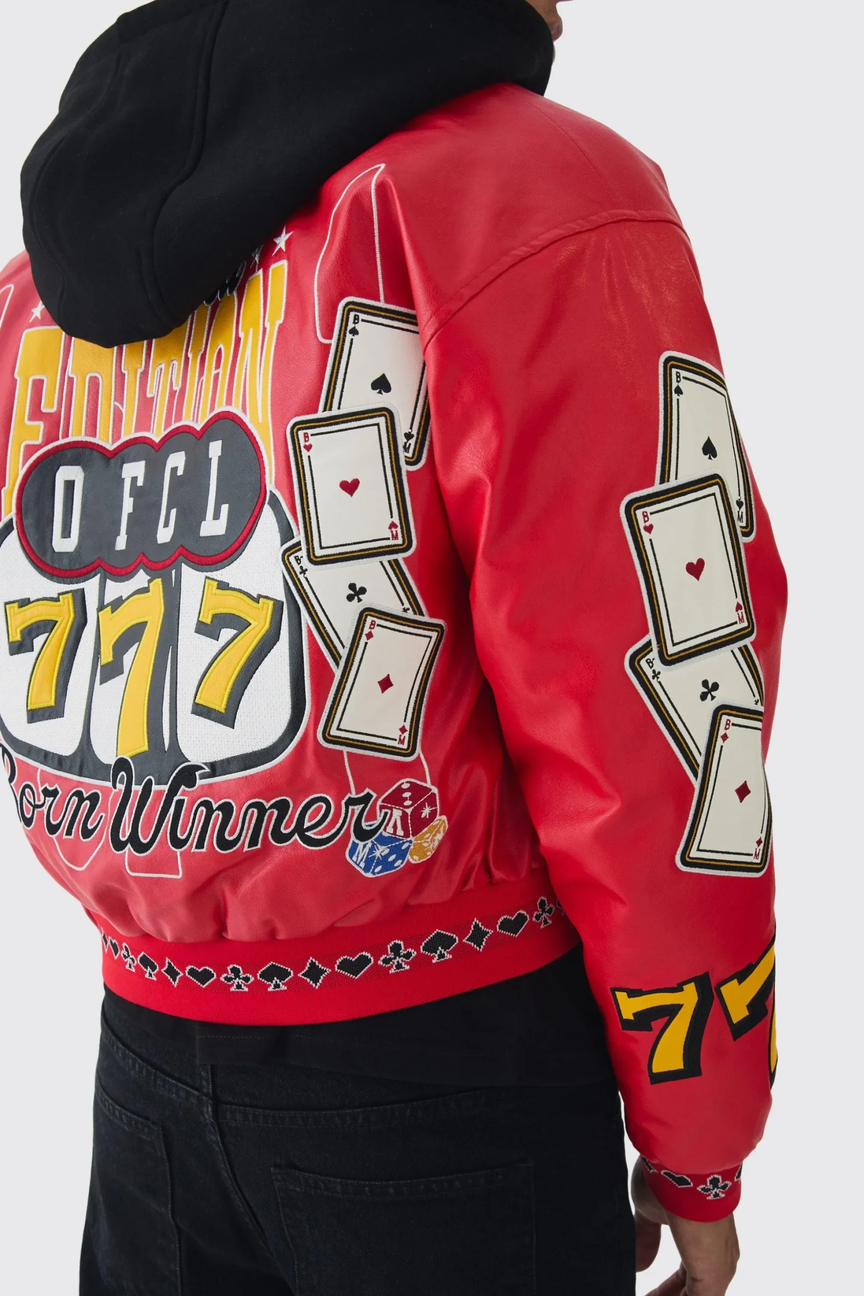 Boxy Hooded Casino Badge Bomber Jacket In Red | BoohooMAN UK