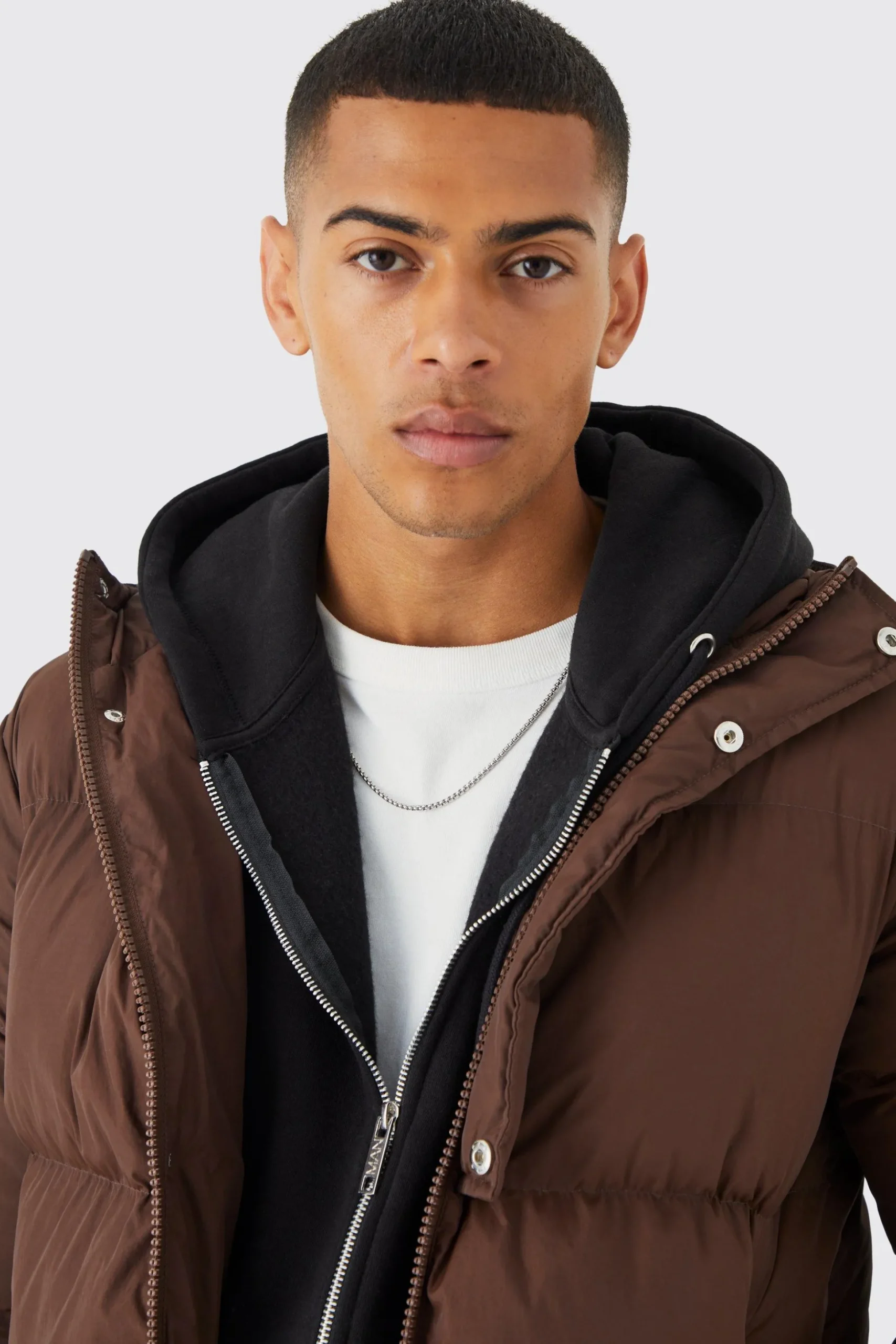 Boxy Hooded Puffer With Half Placket | BoohooMAN UK