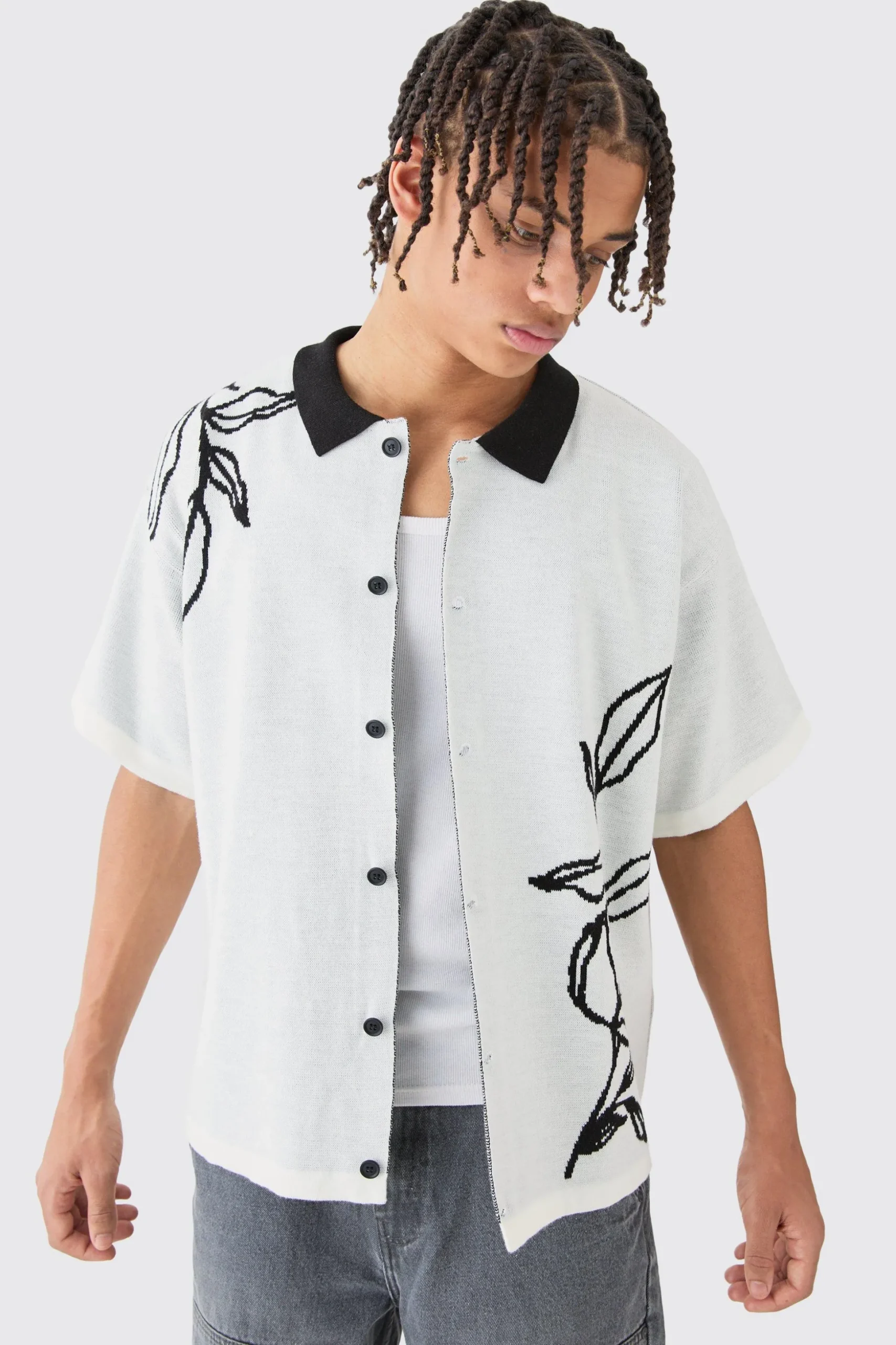 Boxy Jacquard Knit Floral Detail Shirt In White | BoohooMAN UK