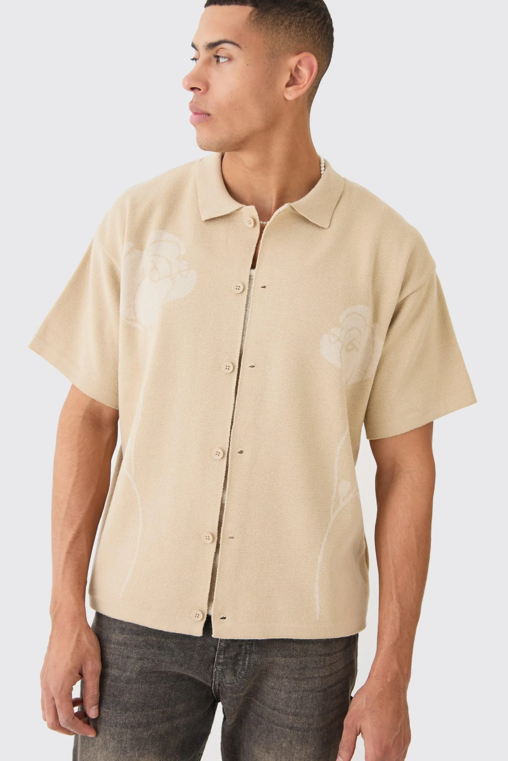 Boxy Jacquard Knit Rose Detail Shirt In Stone | BoohooMAN UK