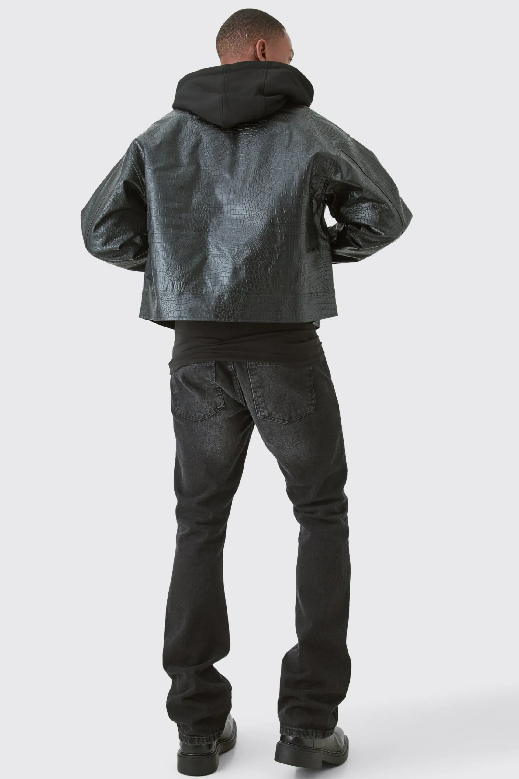 Boxy Jersey Hooded Pu Bomber Jacket In Black | BoohooMAN UK