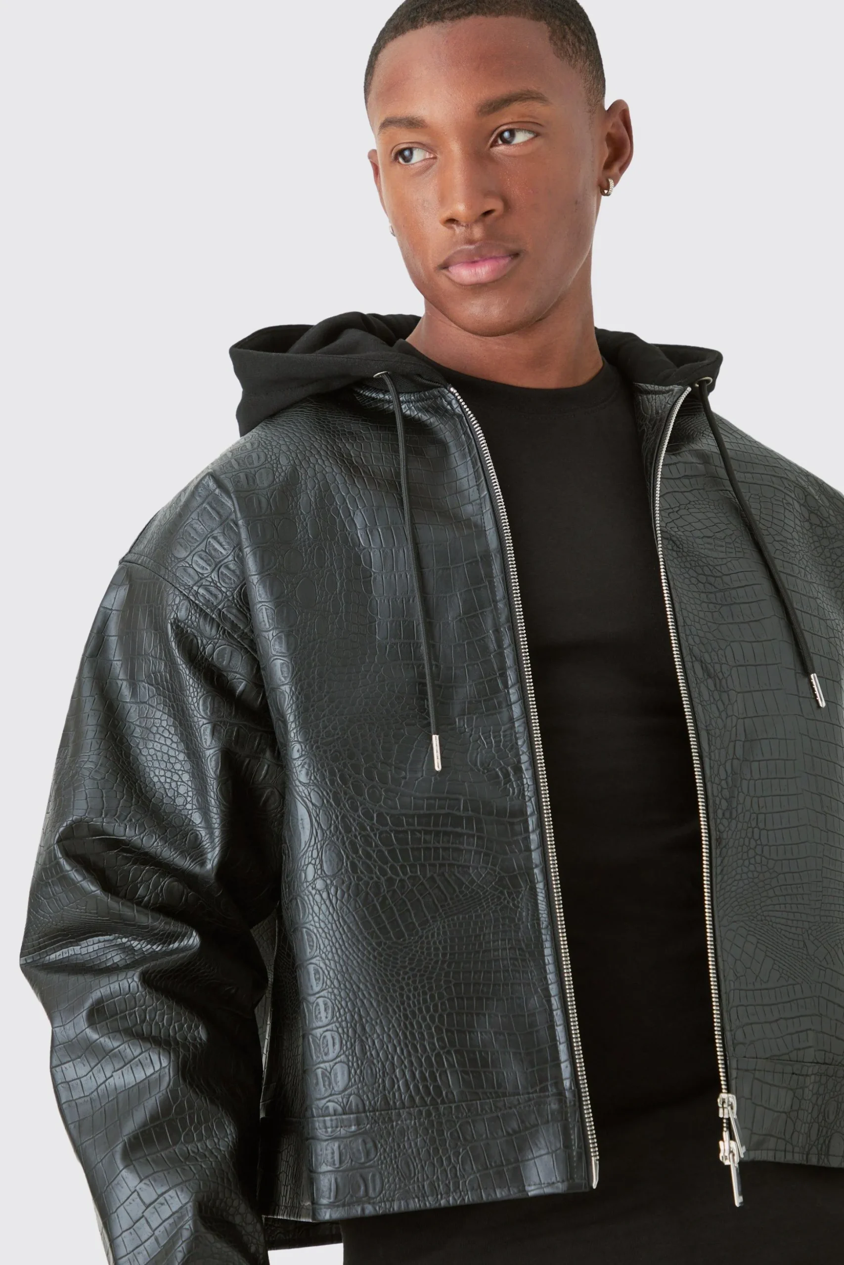 Boxy Jersey Hooded Pu Bomber Jacket In Black | BoohooMAN UK