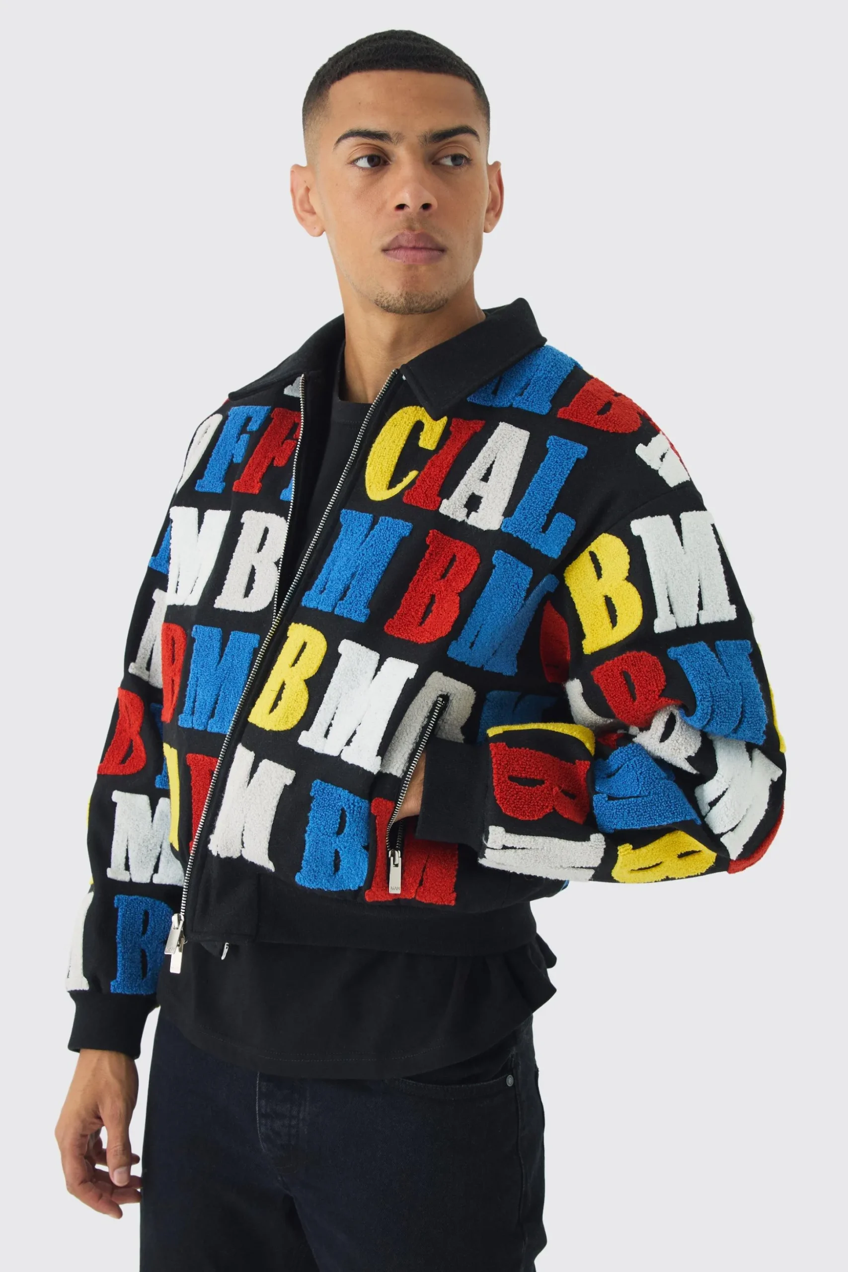 Boxy Letter Badge Collared Varsity Jacket In Black | BoohooMAN UK