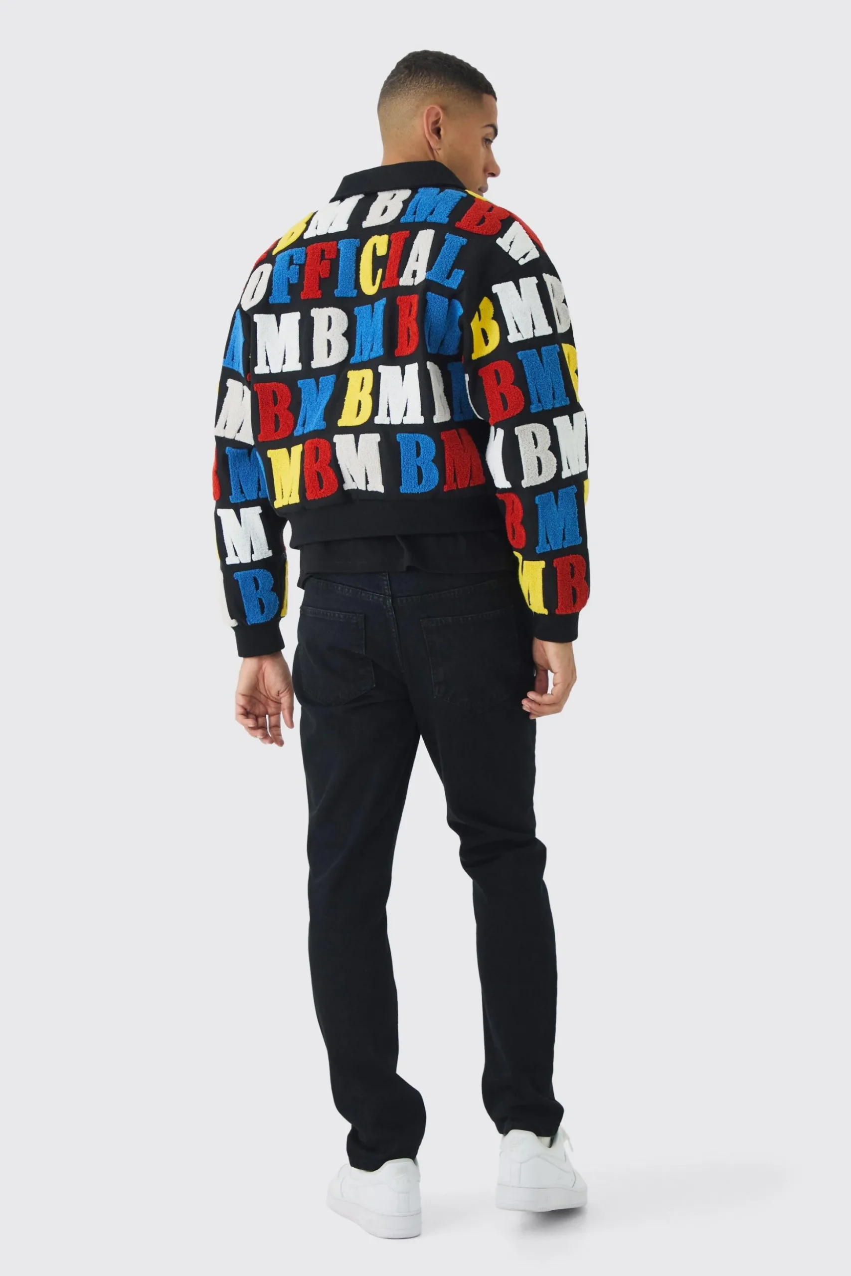 Boxy Letter Badge Collared Varsity Jacket In Black | BoohooMAN UK