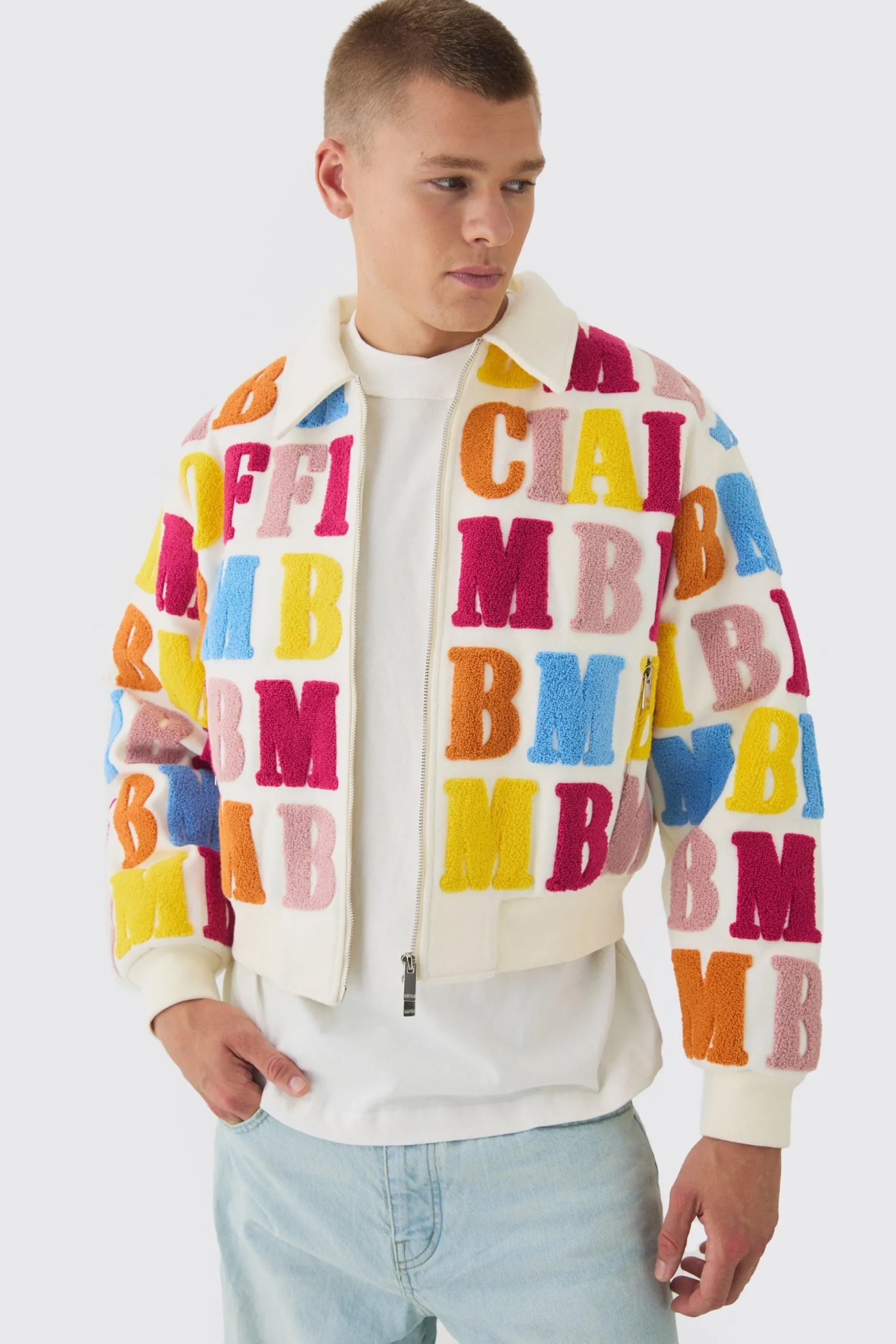 Boxy Letter Badge Collared Varsity Jacket In Ecru | BoohooMAN UK