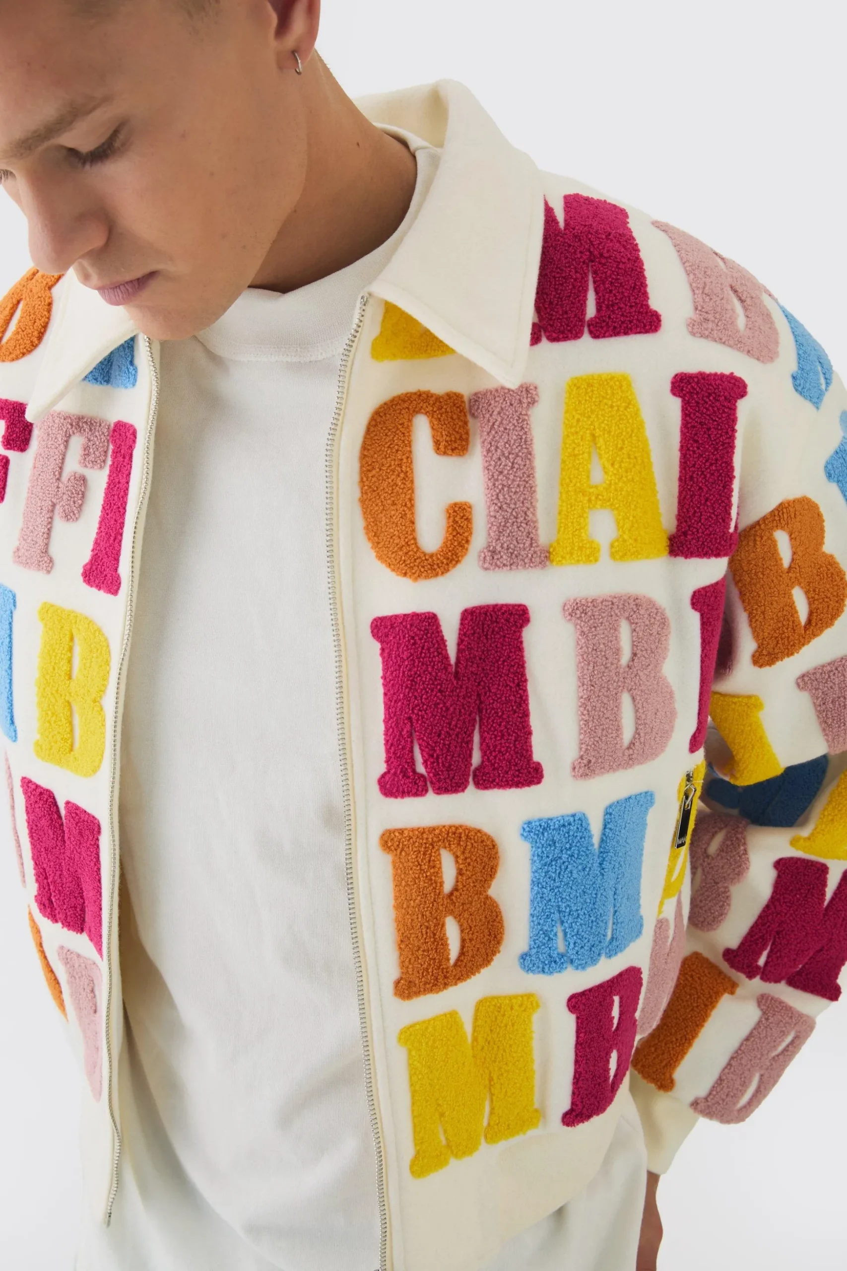 Boxy Letter Badge Collared Varsity Jacket In Ecru | BoohooMAN UK