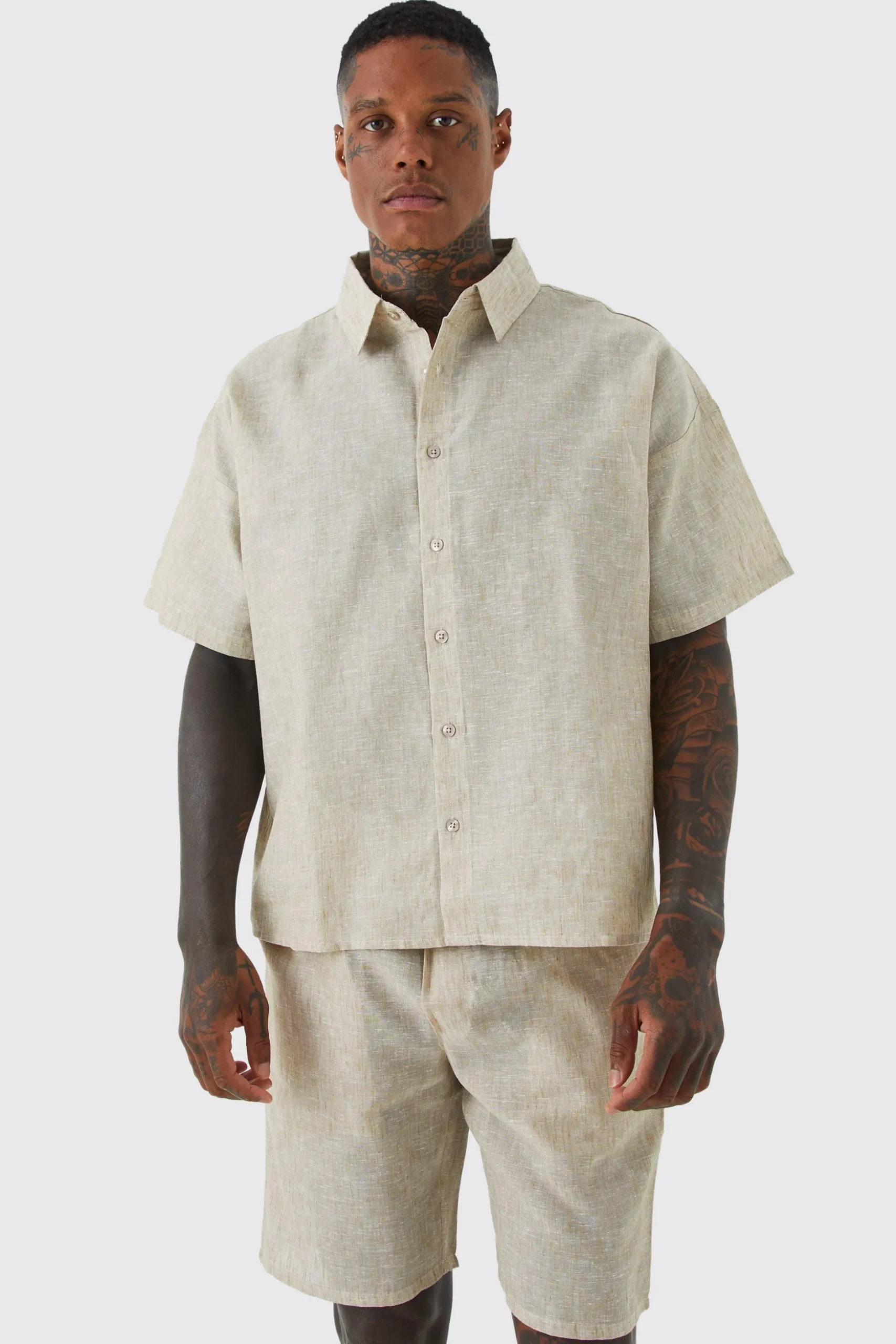 Boxy Linen Look Shirt And Short Set | BoohooMAN UK