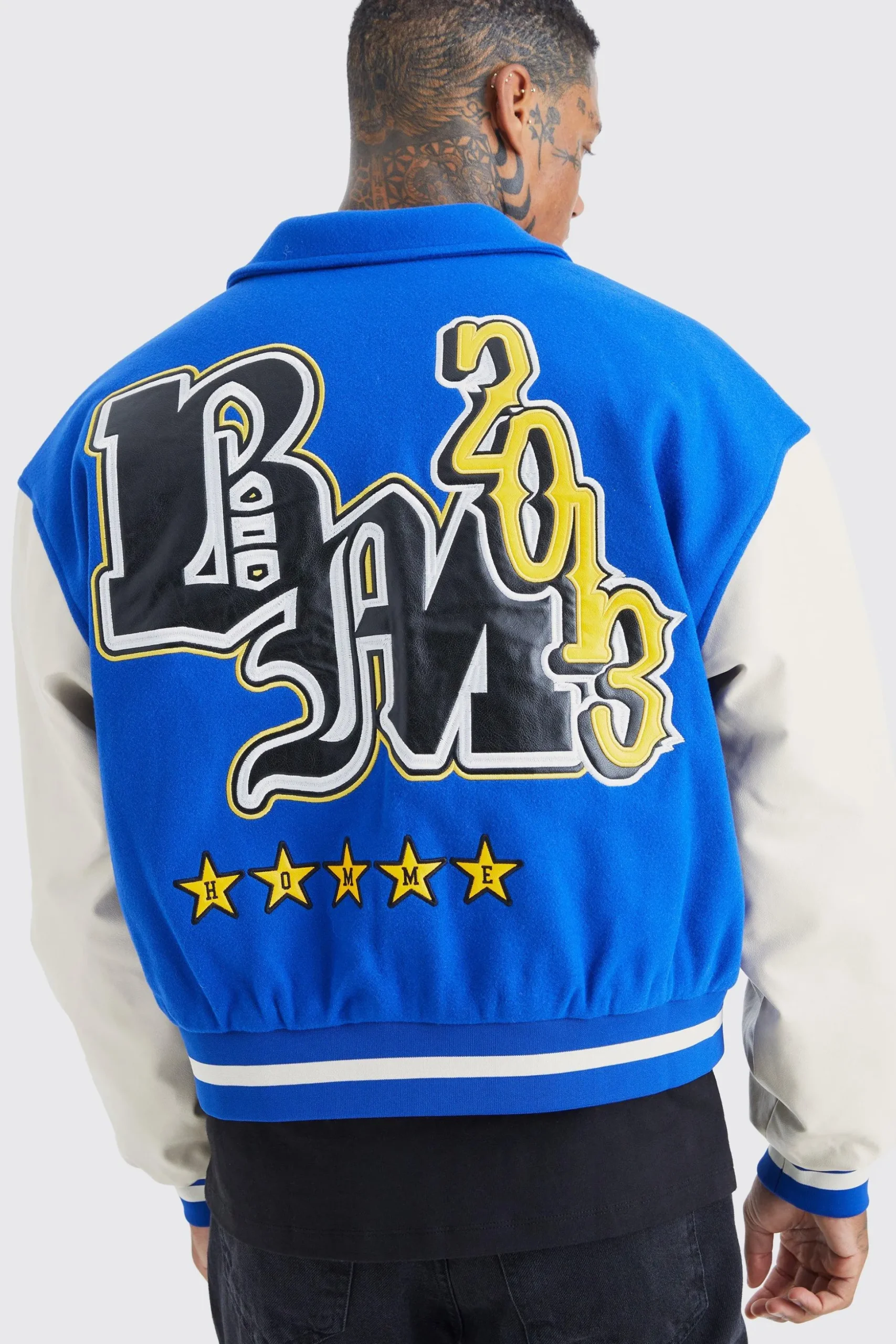 Boxy Melton & Pu Collared Varsity Jacket | BoohooMAN UK