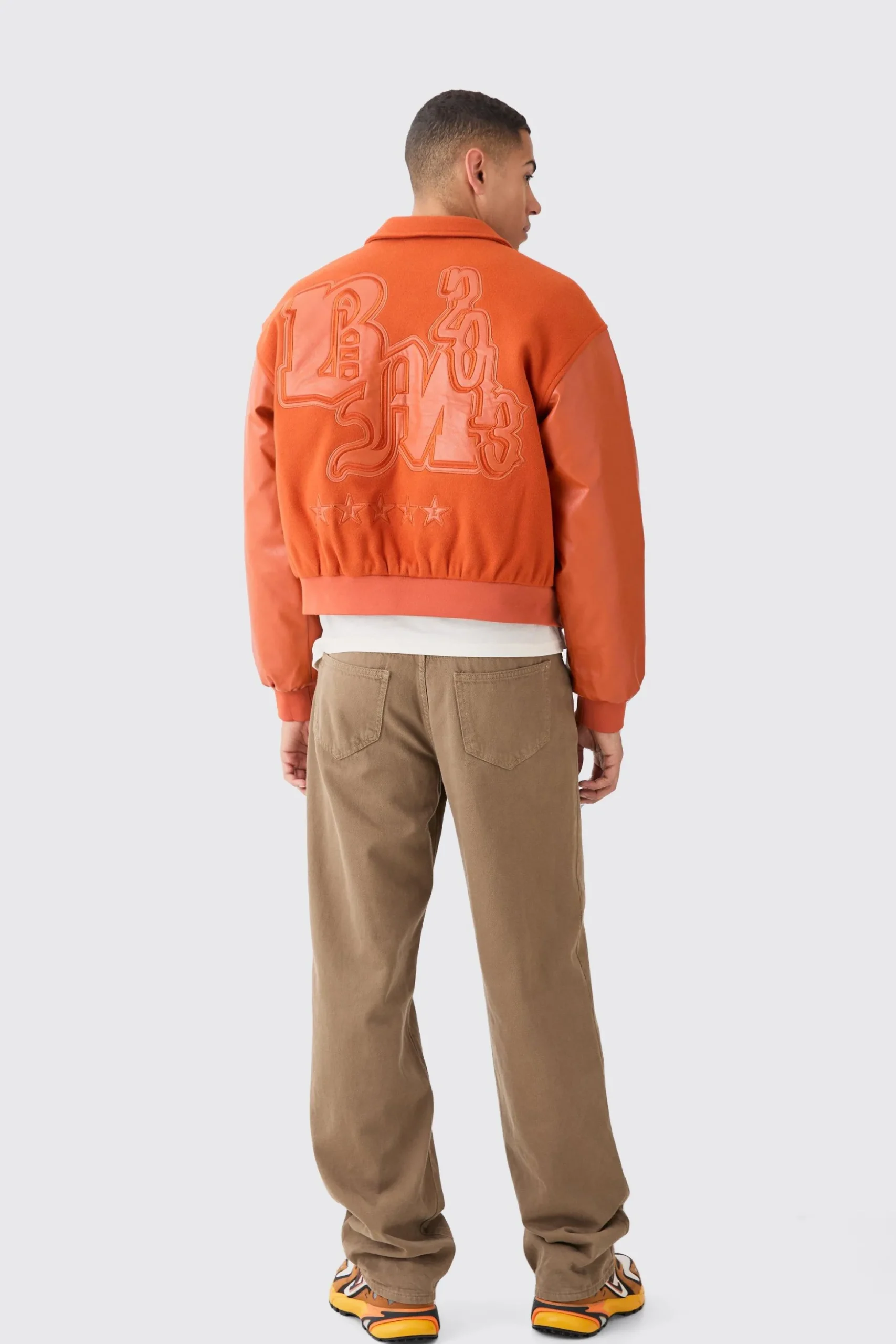 Boxy Melton & Pu Collared Varsity Jacket | BoohooMAN UK