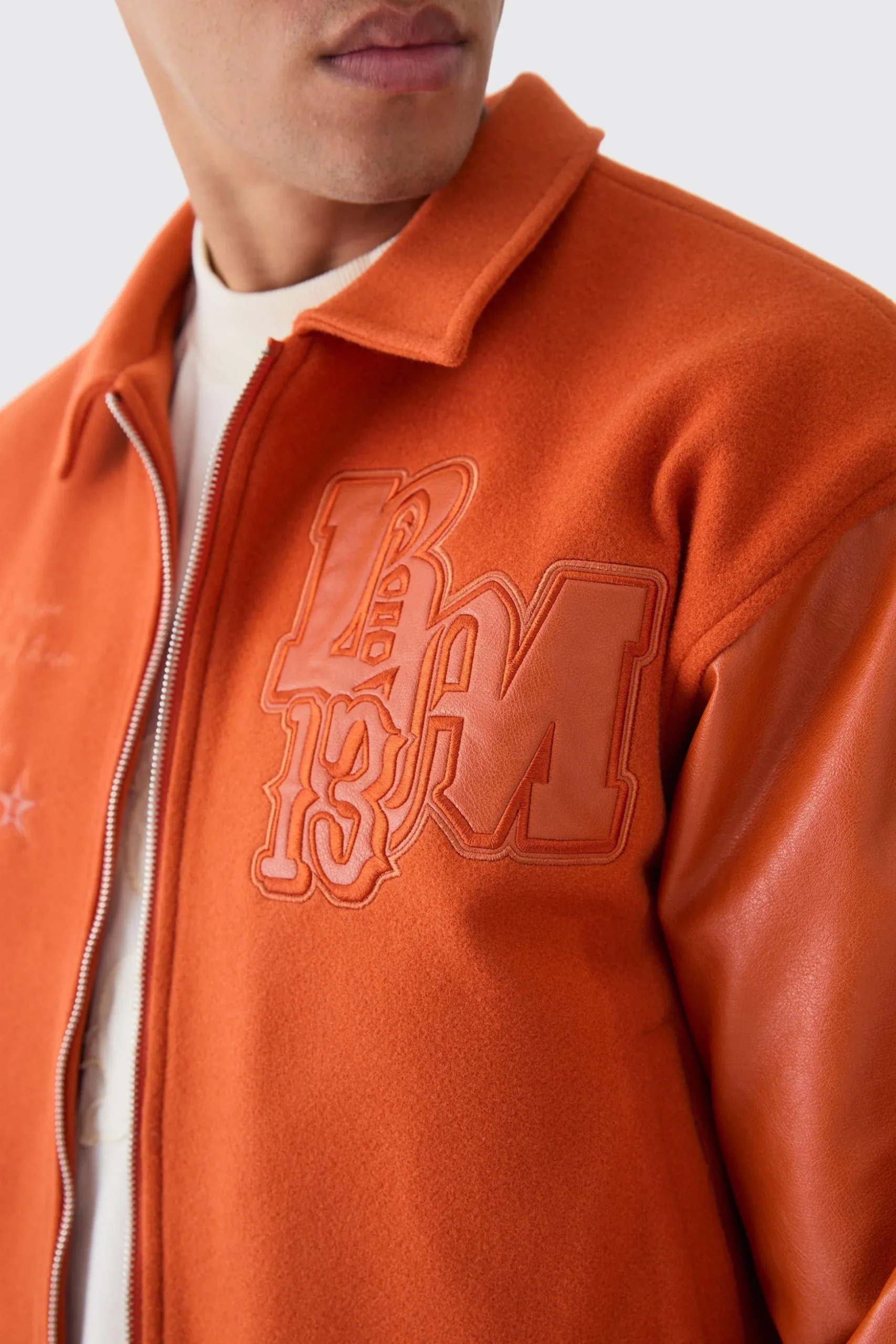 Boxy Melton & Pu Collared Varsity Jacket | BoohooMAN UK
