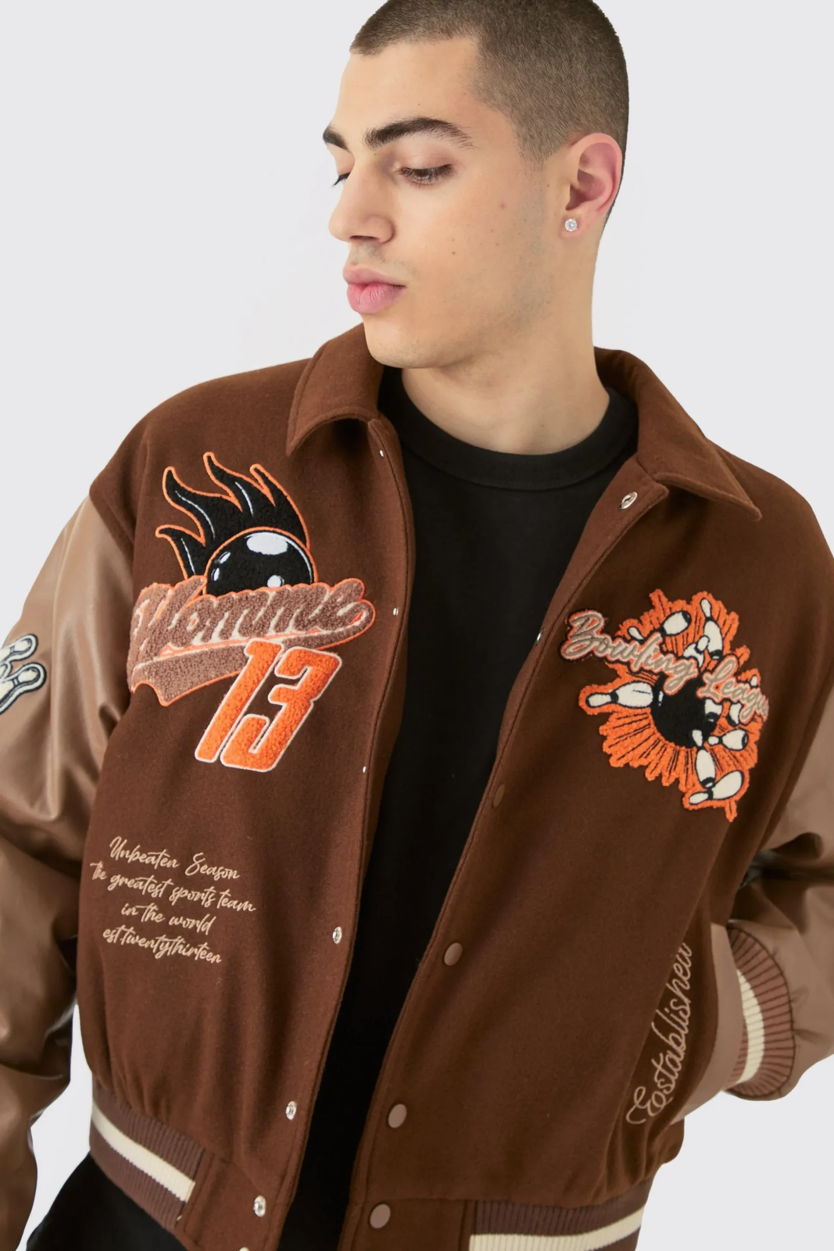 Boxy Melton & Pu Collared Varsity Jacket | BoohooMAN UK