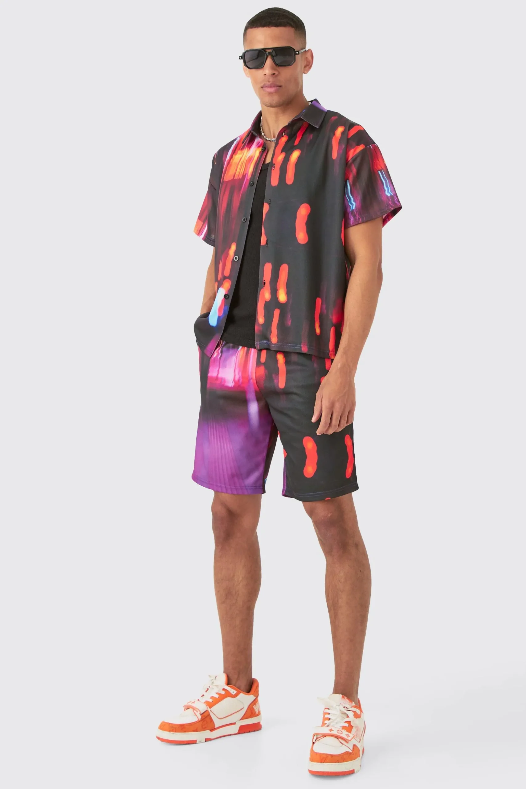 Boxy Mesh Glitch Shirt & Short | BoohooMAN UK