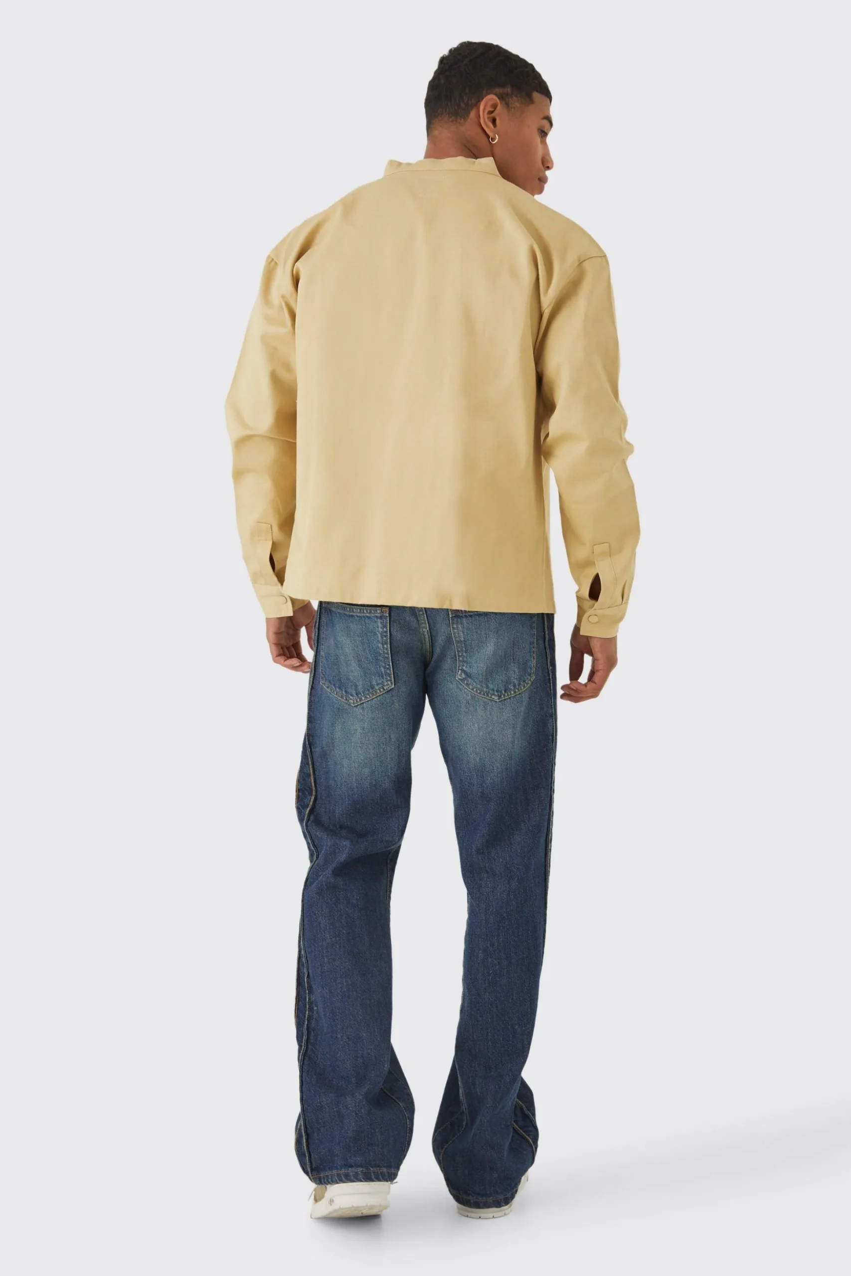 Boxy Moto Neck Twill Overshirt | BoohooMAN UK