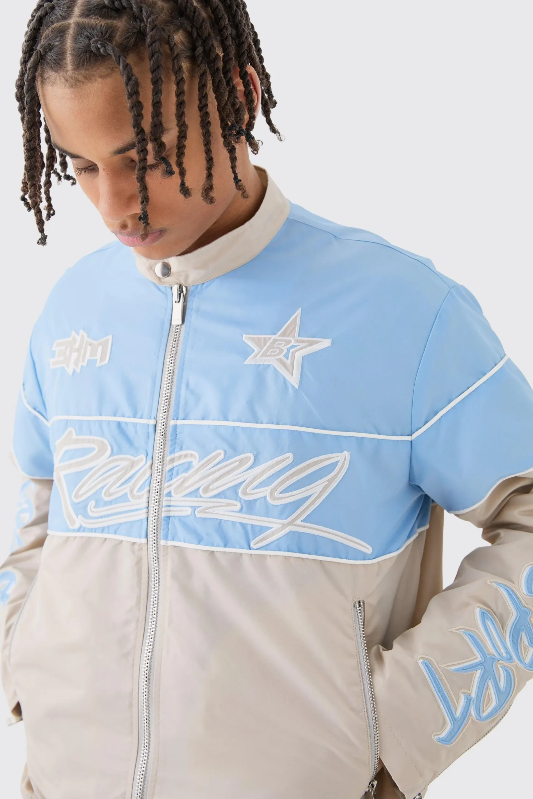 Boxy Nylon Collarless Moto Jacket | BoohooMAN UK