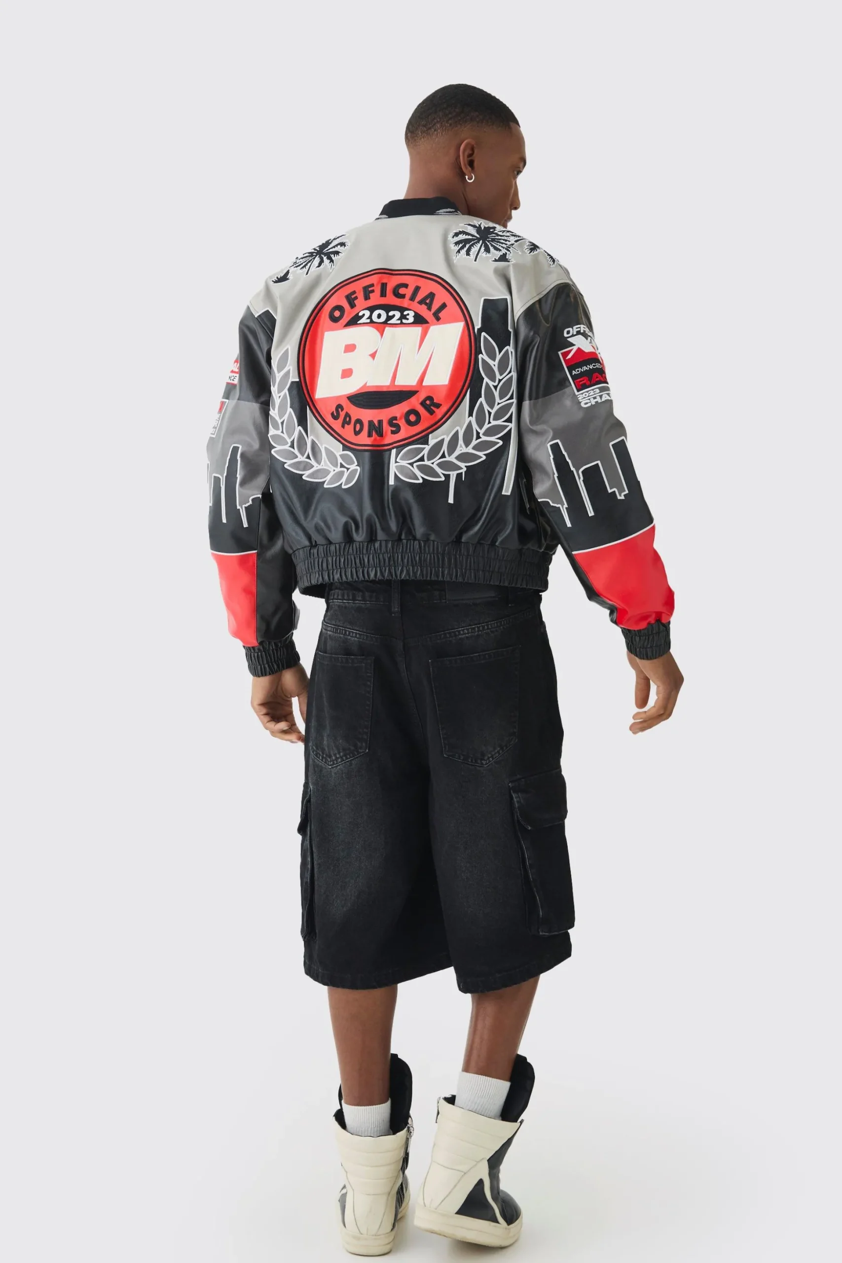 Boxy Official Man PU Varsity Jacket In Black | BoohooMAN UK