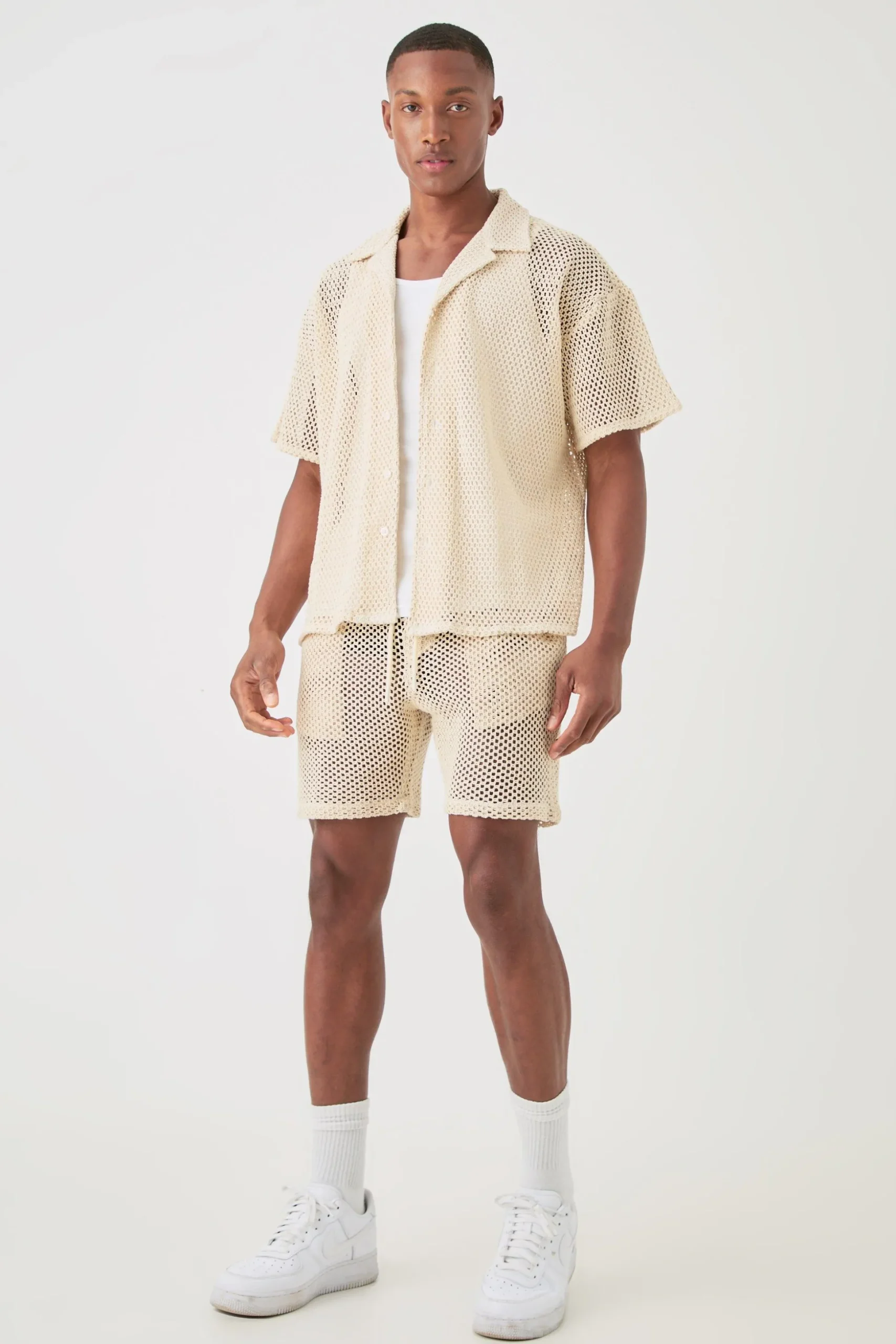 Boxy Open Stitch Shirt & Short Set | BoohooMAN UK