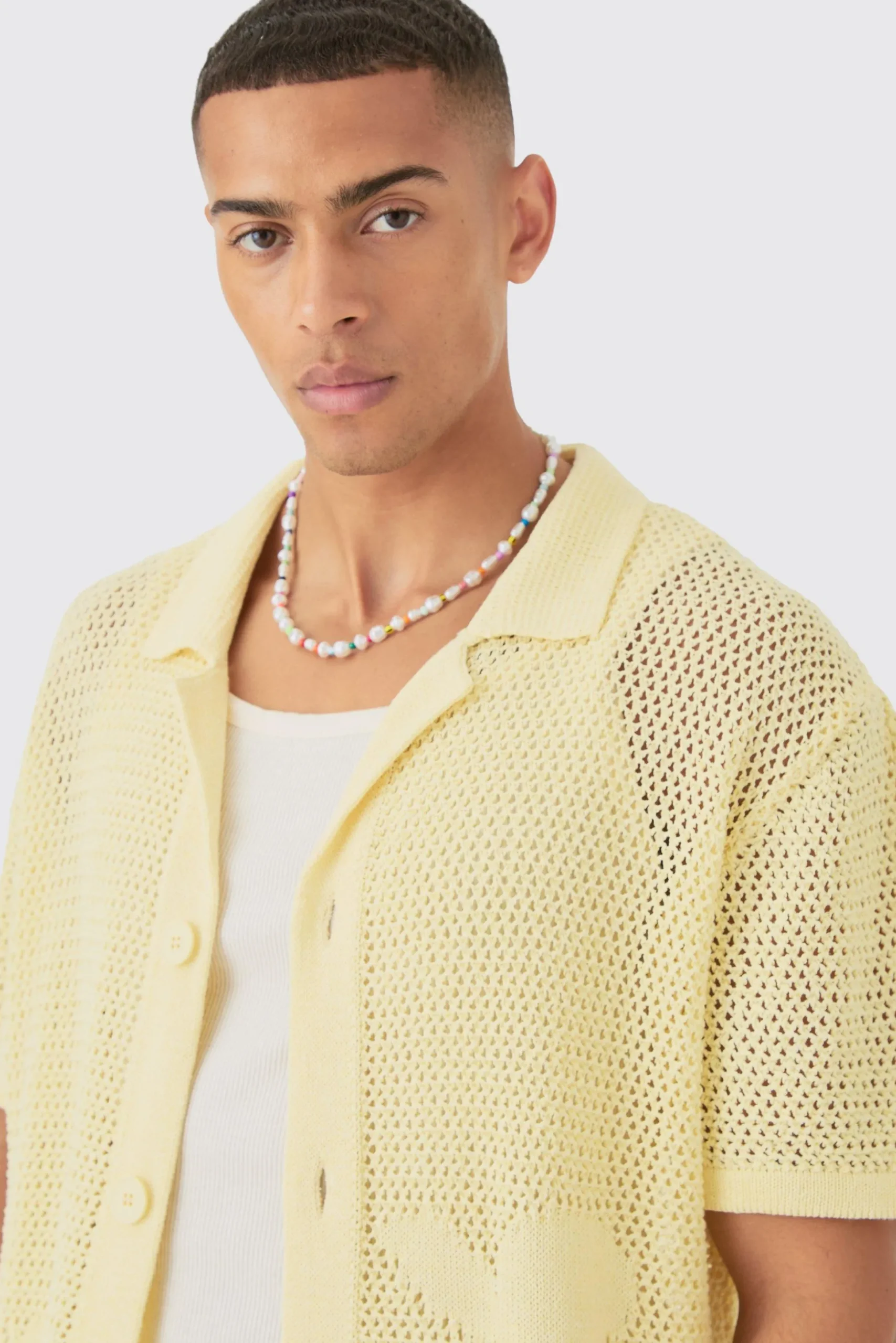 Boxy Oversized Open Stitch Tonal Floral Intarsia Short Sleeve Knit Shirt | BoohooMAN UK
