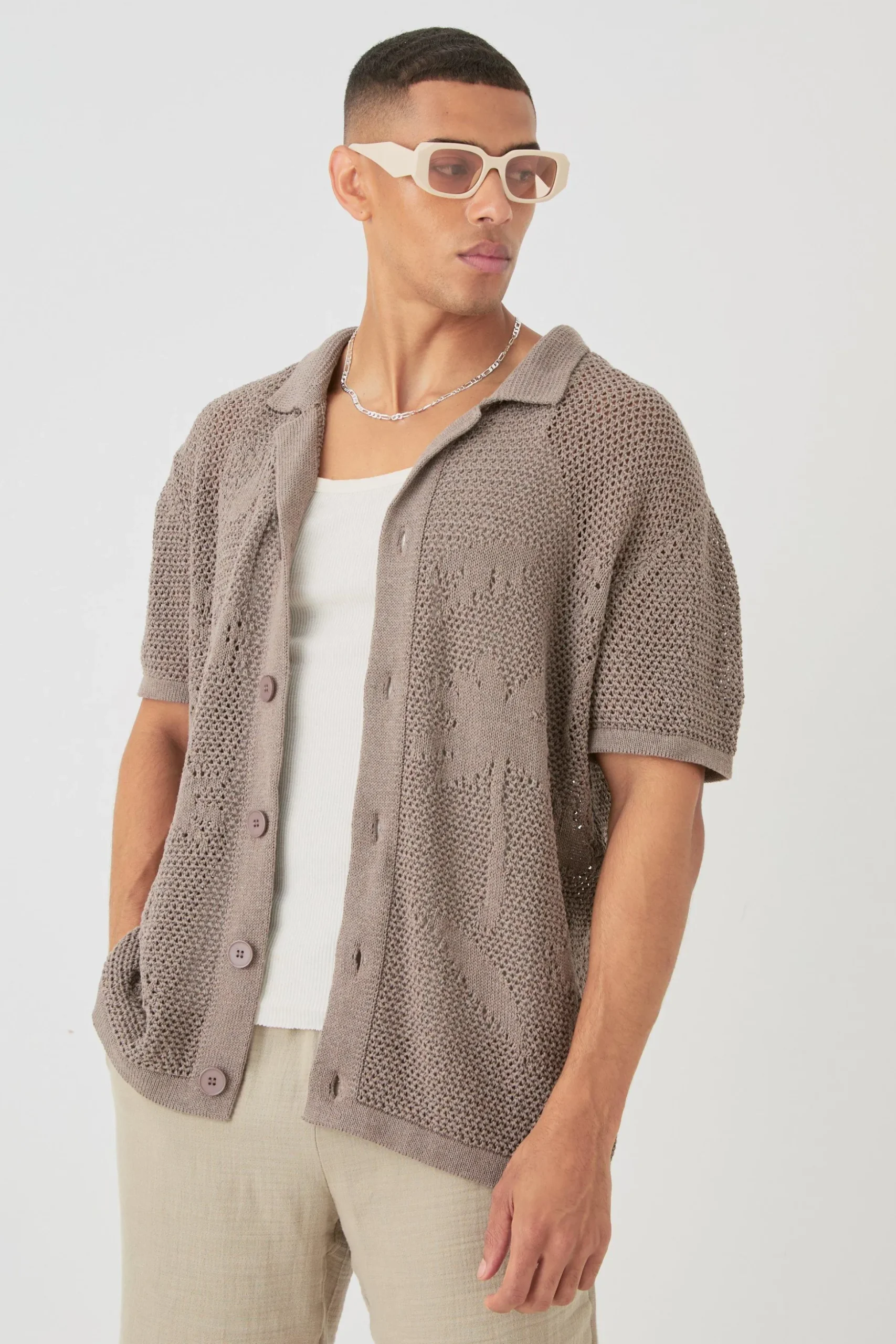 Boxy Oversized Open Stitch Tonal Palm Intarsia Short Sleeve Knit Shirt | BoohooMAN UK