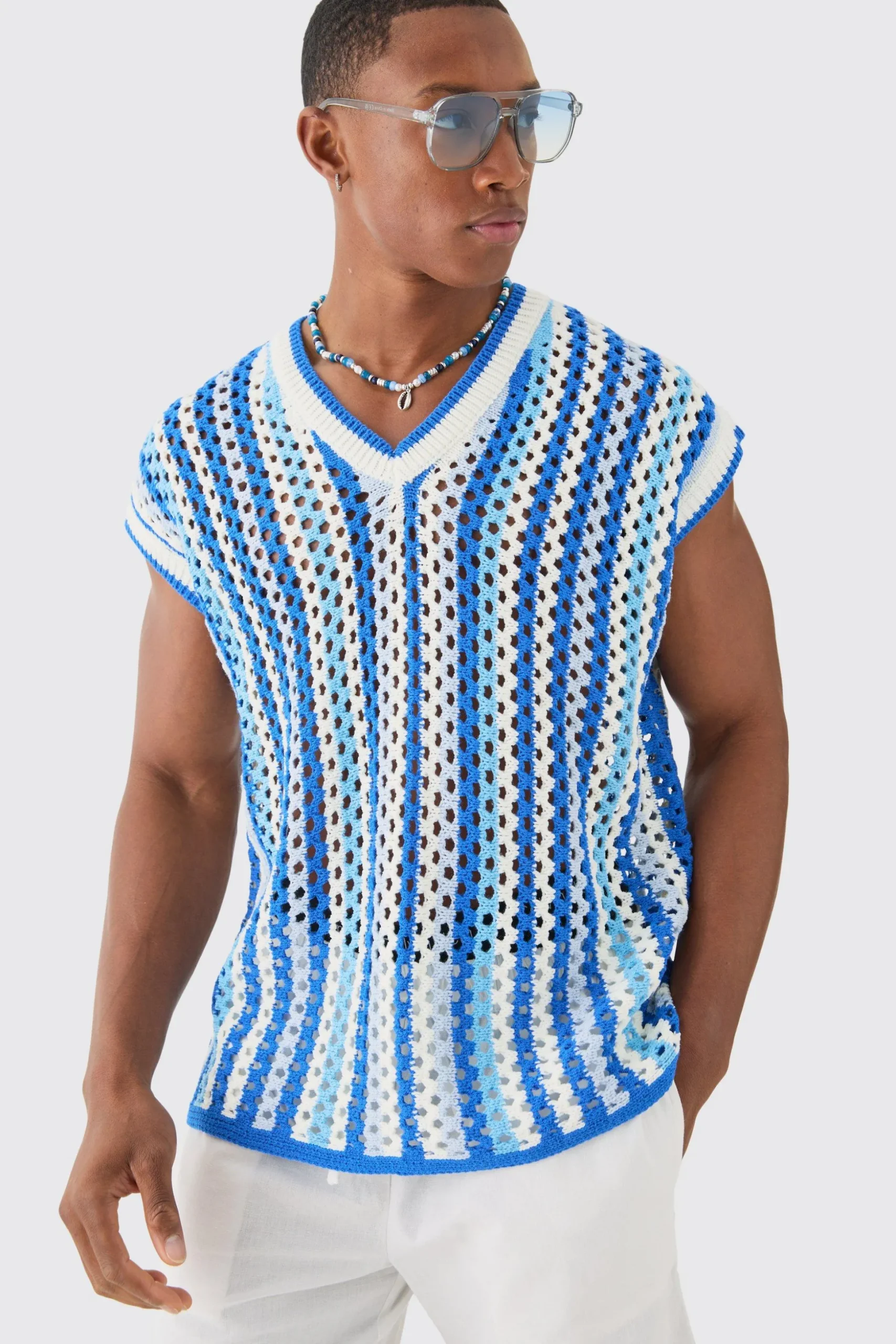 Boxy Oversized Open Stitch V Neck Stripe Sweater Vest | BoohooMAN UK