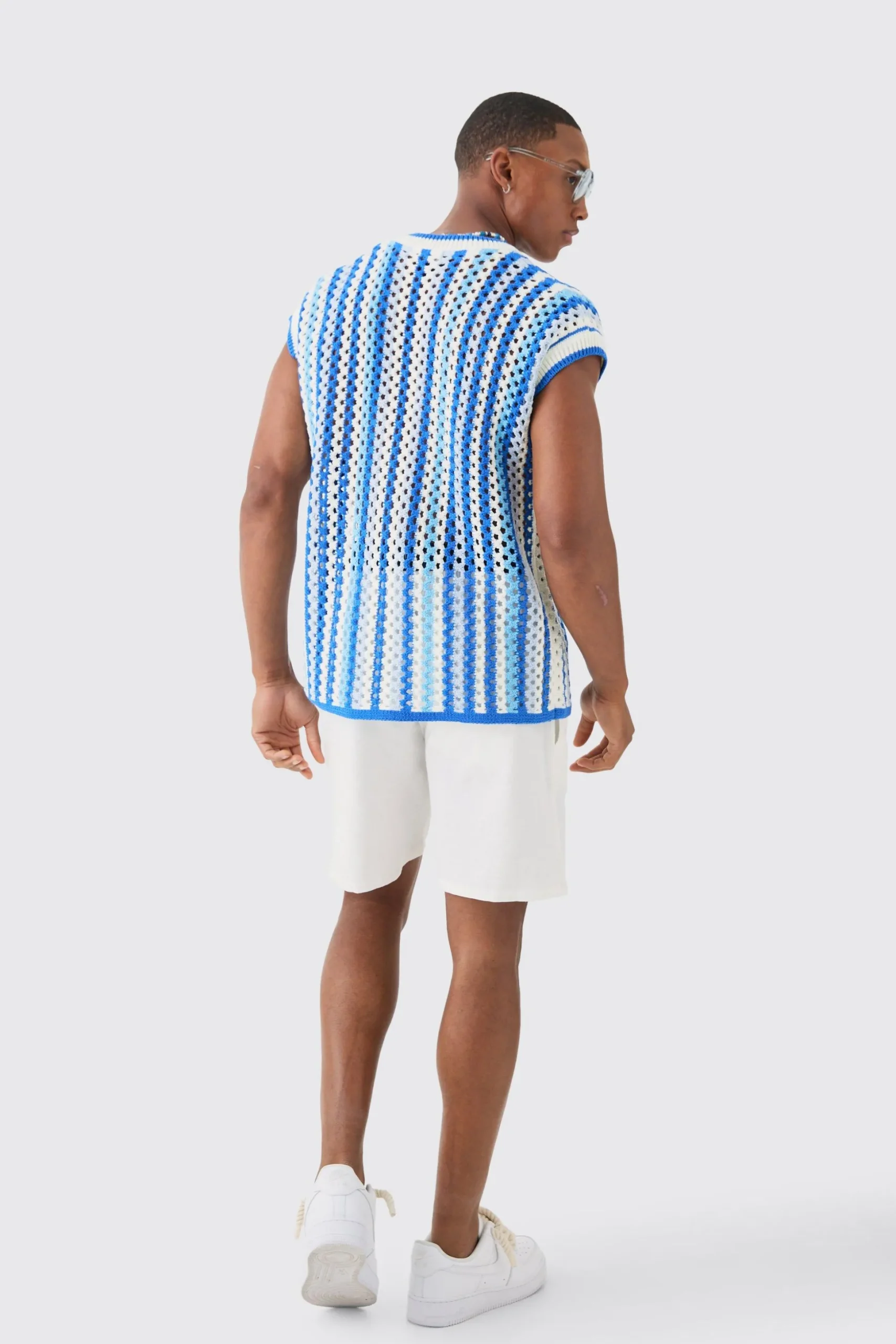 Boxy Oversized Open Stitch V Neck Stripe Sweater Vest | BoohooMAN UK