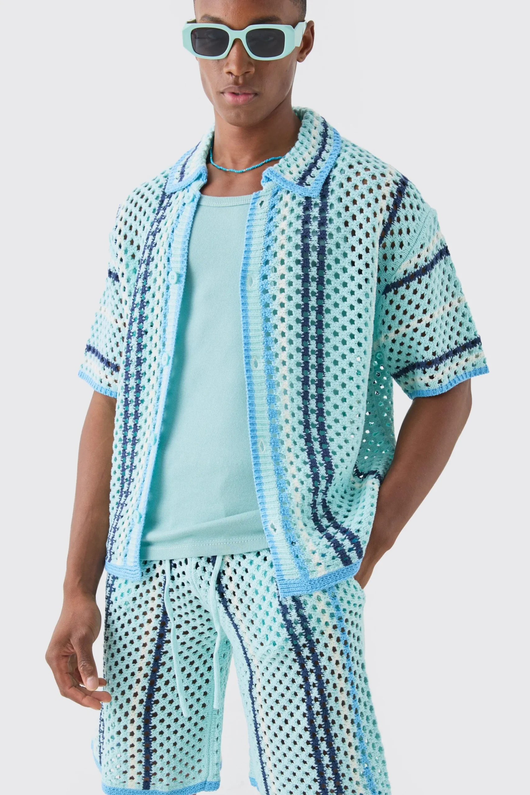 Boxy Oversized Open Stitch Stripe Knit Shirt | BoohooMAN UK