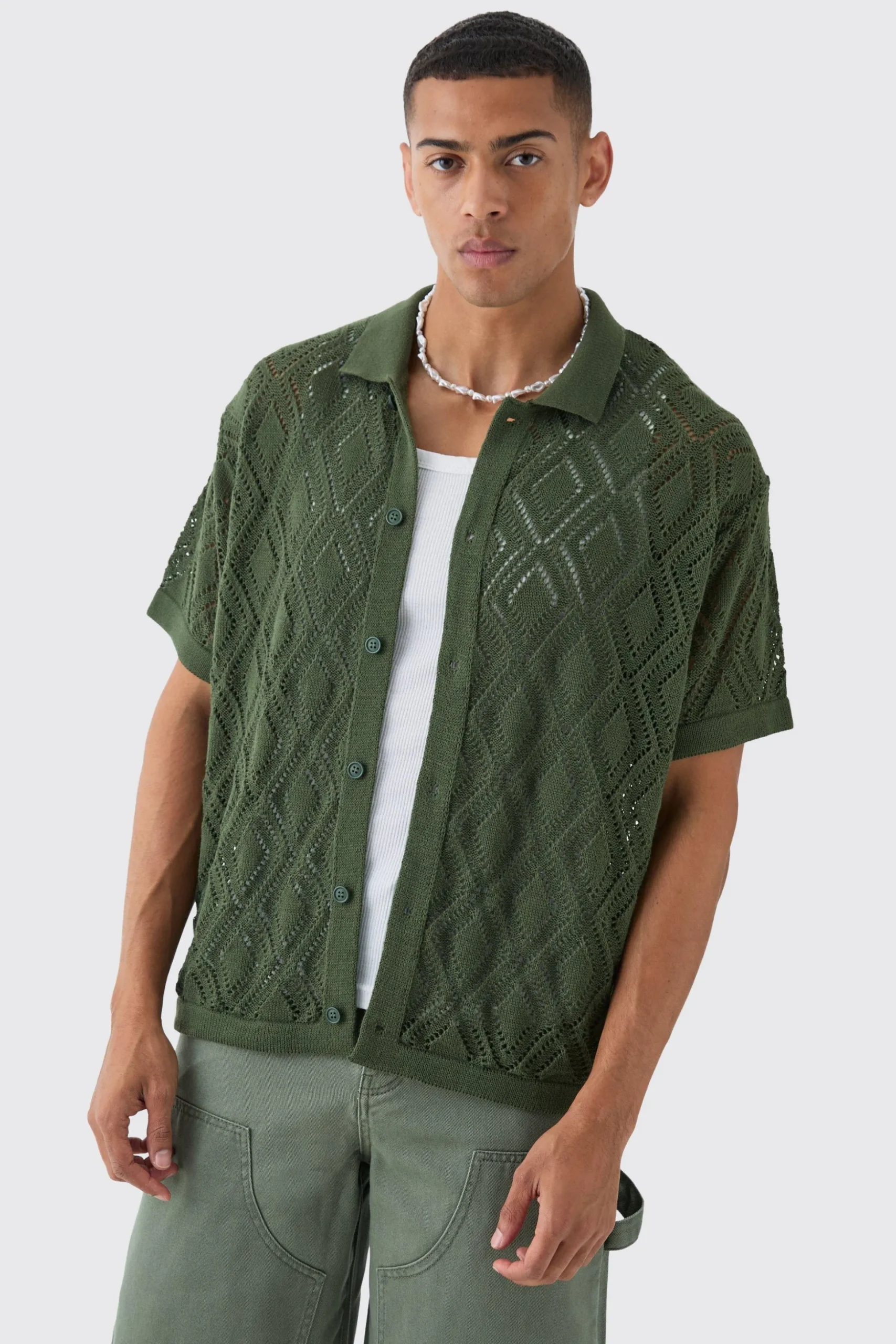 Boxy Oversized Patterned Open Stitch Knitted Shirt | BoohooMAN UK