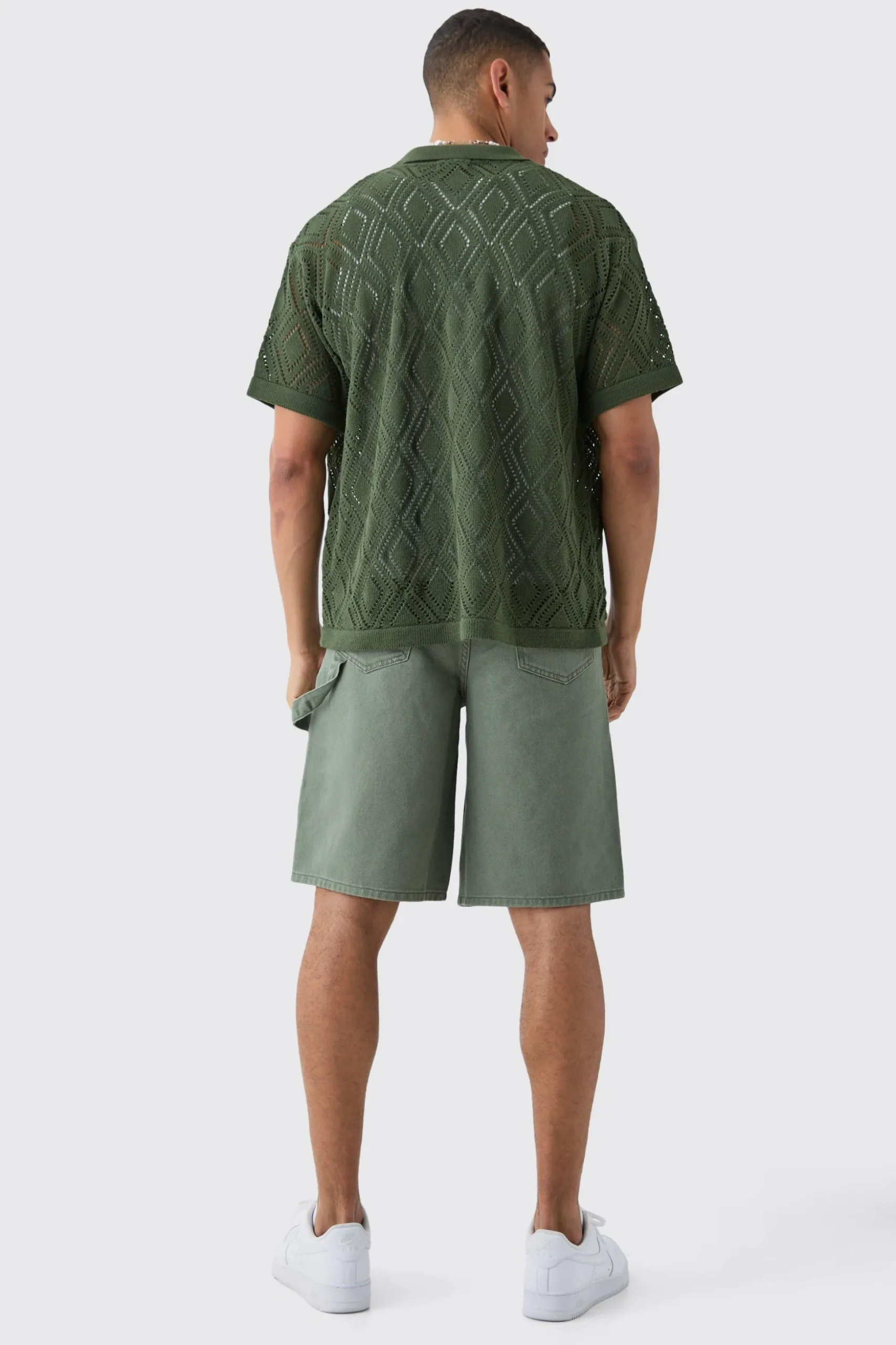 Boxy Oversized Patterned Open Stitch Knitted Shirt | BoohooMAN UK