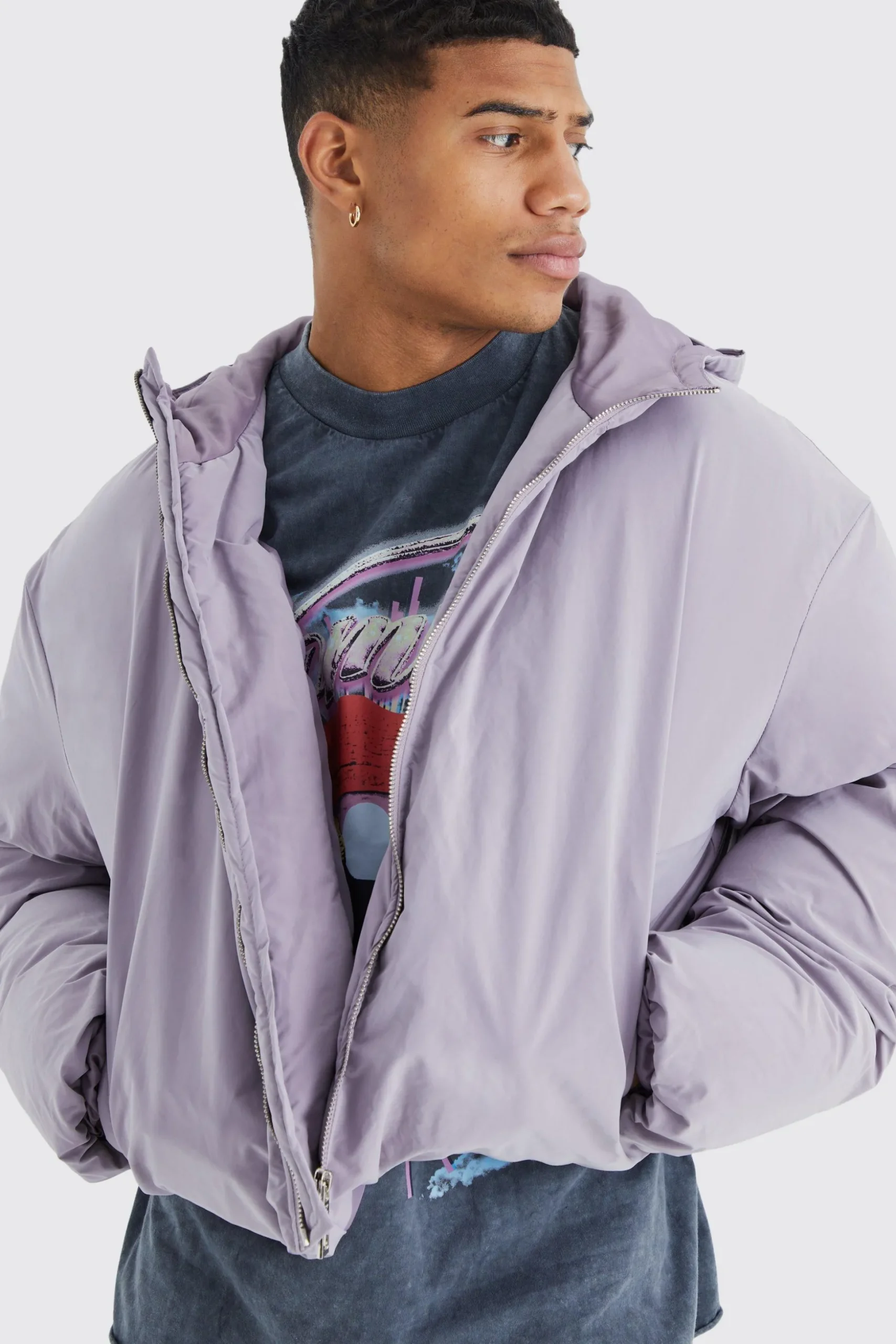 Boxy Peached Nylon Hooded Puffer | BoohooMAN UK